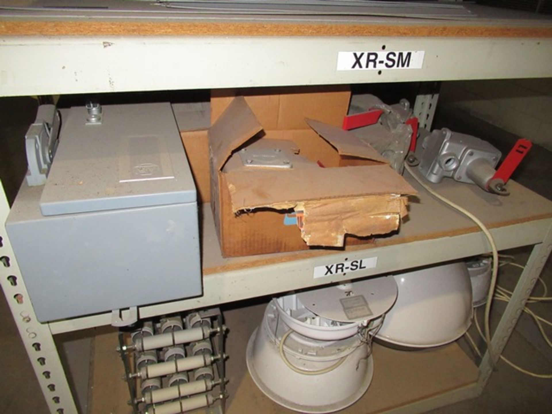 LOT ASST. GE SAFETY SWITCHES, BOXES, LIGHTS, WIRE, ETC. W/RACKS & SHELVING (MSELECR) - Image 4 of 4