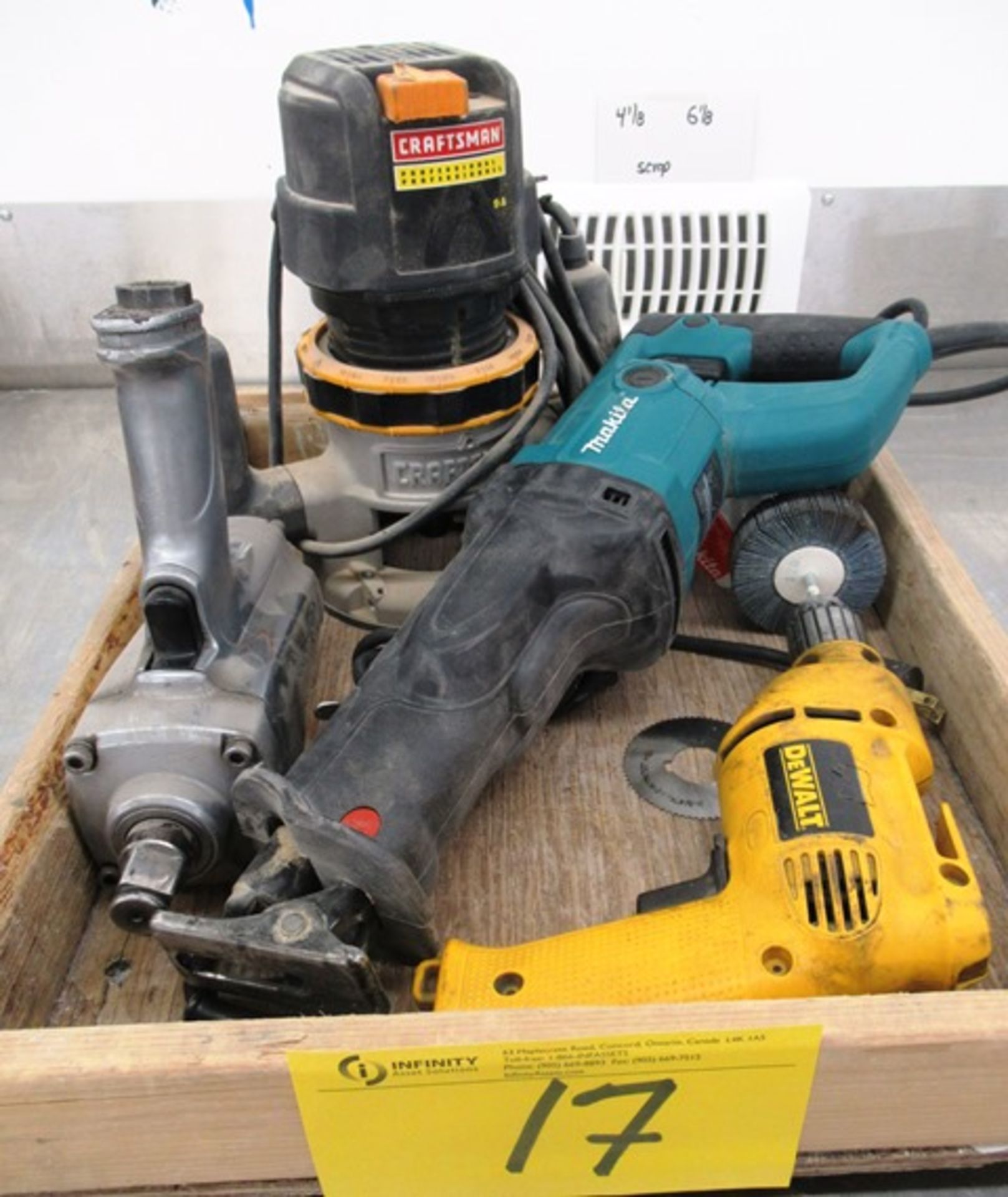 TRAY OF IMPACT WRENCH, SAWALL, DRILL, ROUTER