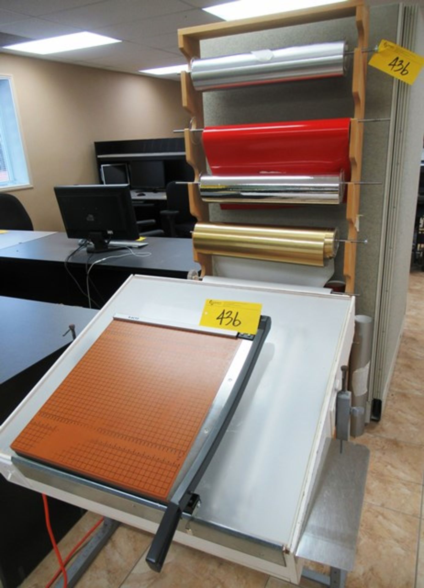 PAPER CUTTER, & LIGHT TABLE & ROLLS OF PRODUCT & RACK