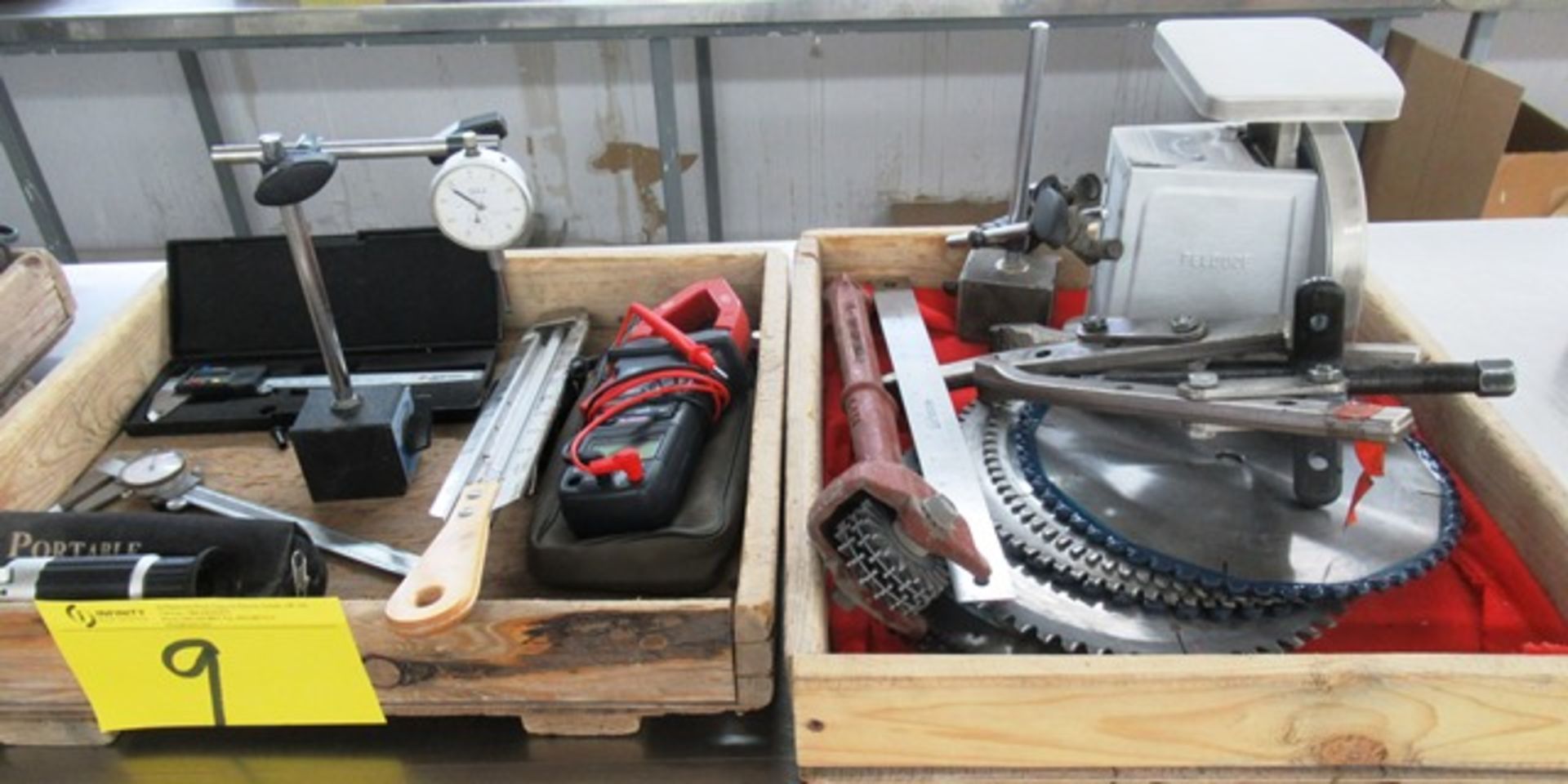 (2) TRAYS OF MEASURING TOOLS, SCALE, SAW BLADES