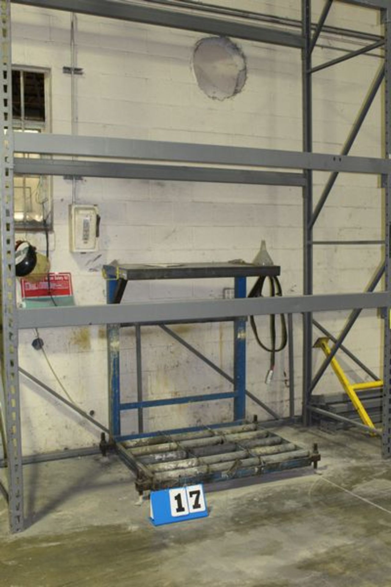 1 SECTION PALLET RACK, 12' UPRIGHT X 42" UPRIGHT, 9' CROSS BEAM, W/ BATTERY CHARGING STATION