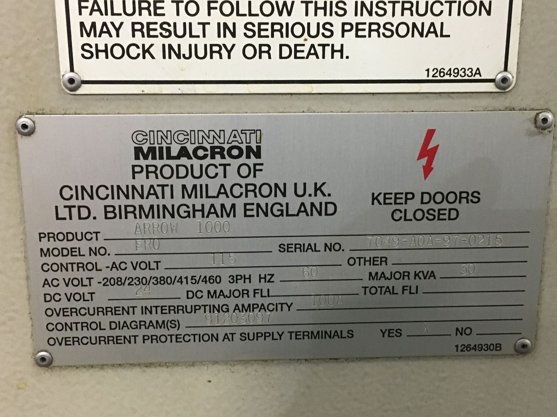 CINCINNATI MILACRON ARROW 1000 VMC, TABLE WORK AREA: 44" X 20", TABLE LOAD CAP: 1540 LBS, X AXIS - Image 8 of 9