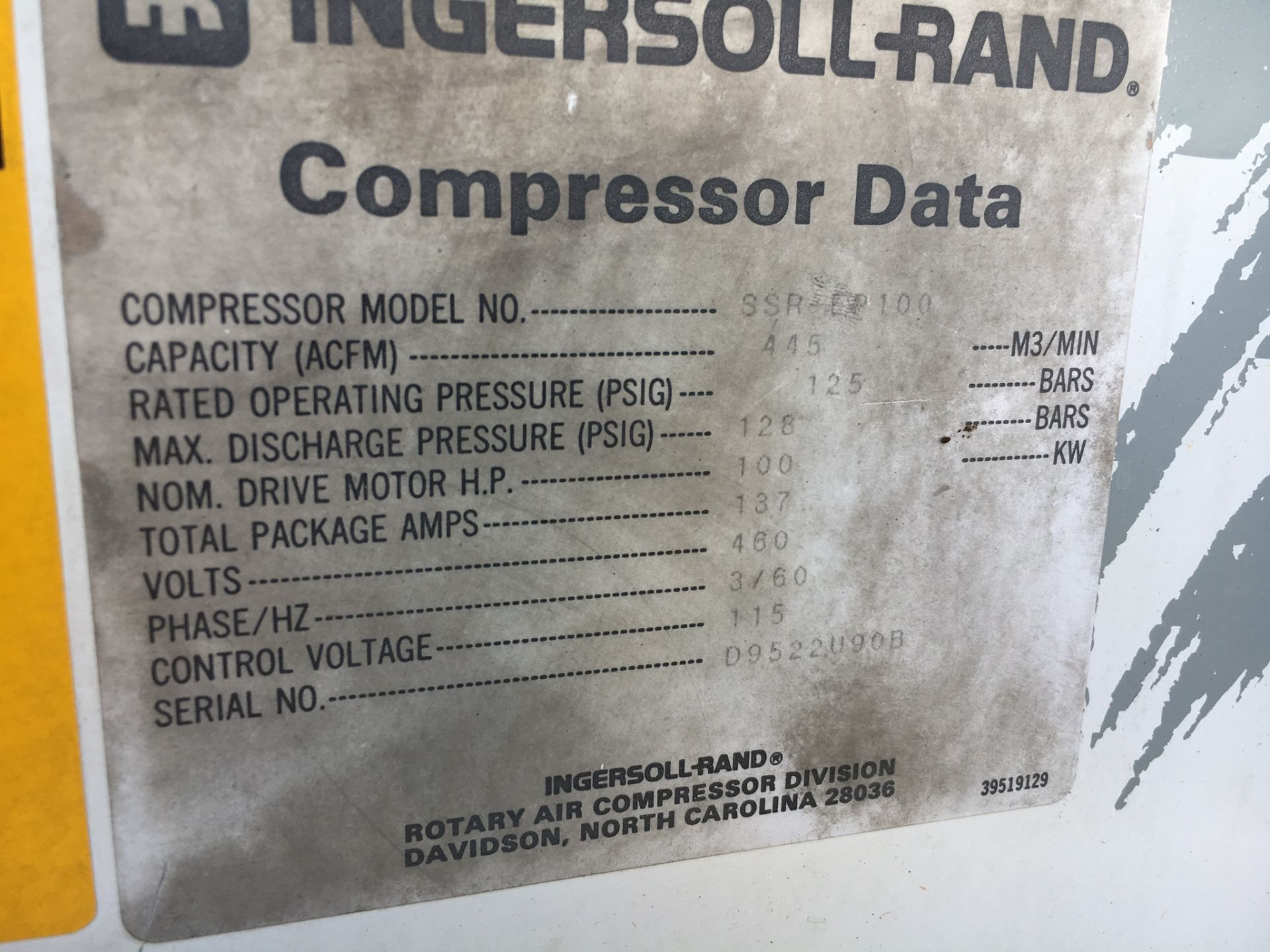 INGERSOLL RAND SSR-EXP100 COMPRESSOR, CAPACITY: 445 ACFM, RATED OPRT PRESSURE: 125 PSIG, MAX - Image 6 of 7