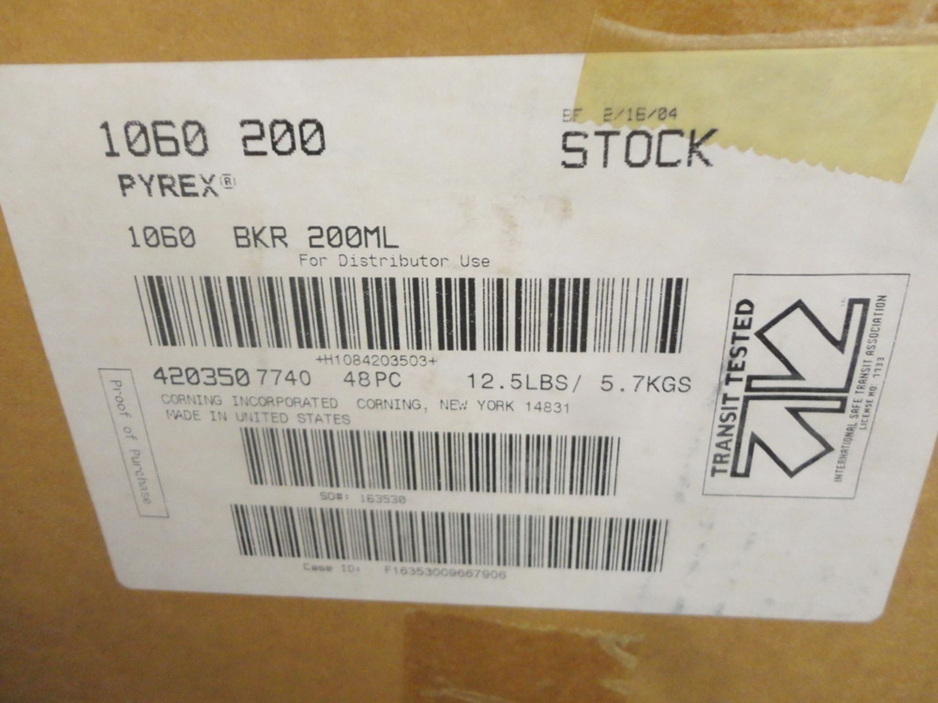 (5) Boxes of unused Corning Pyrex 200 ml beakers, 12 beakers per box
