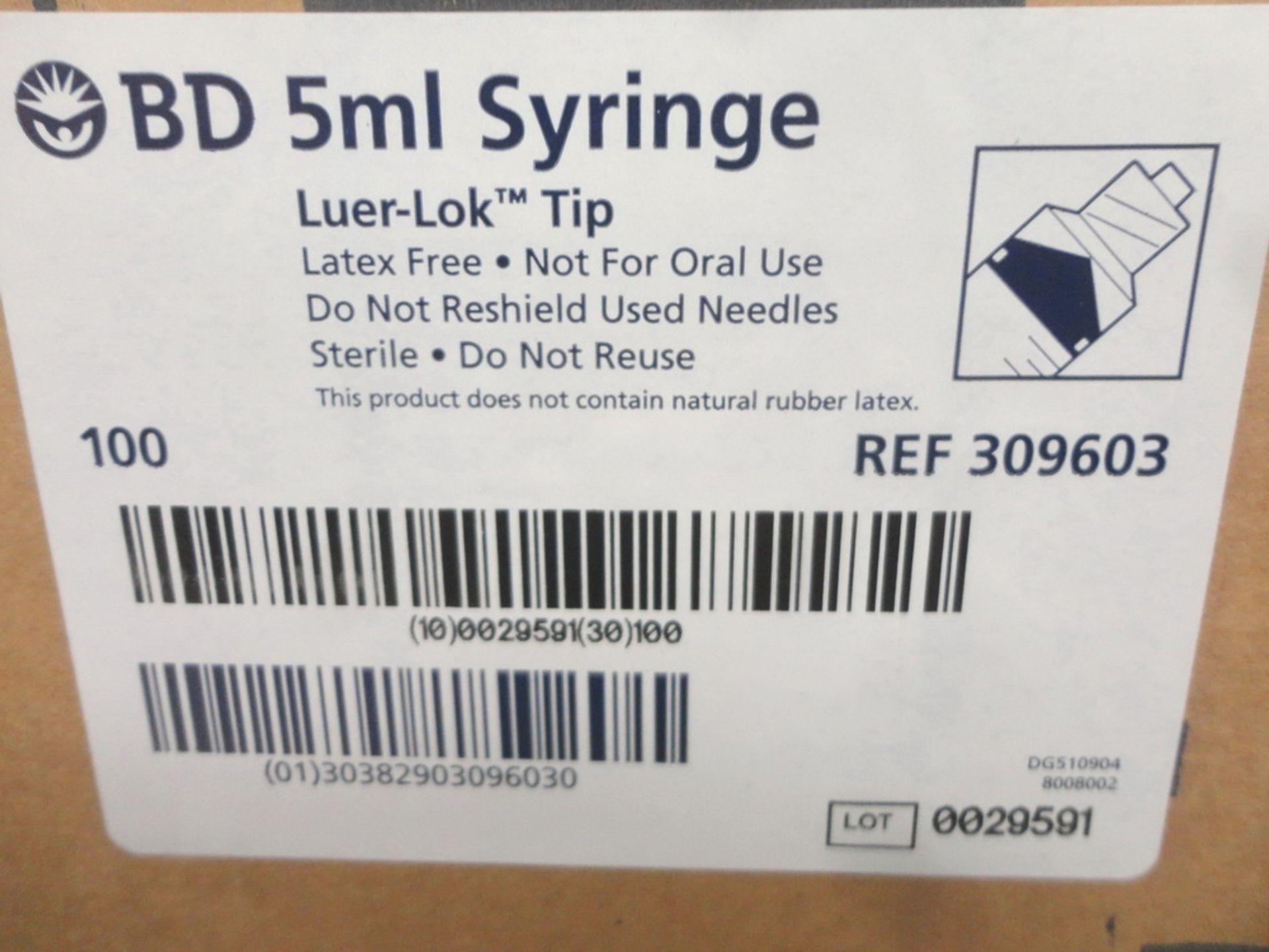 (5) Boxes of unused BD 5 ml syringe Luer-Lok tips, 100 tips per box - Image 2 of 2