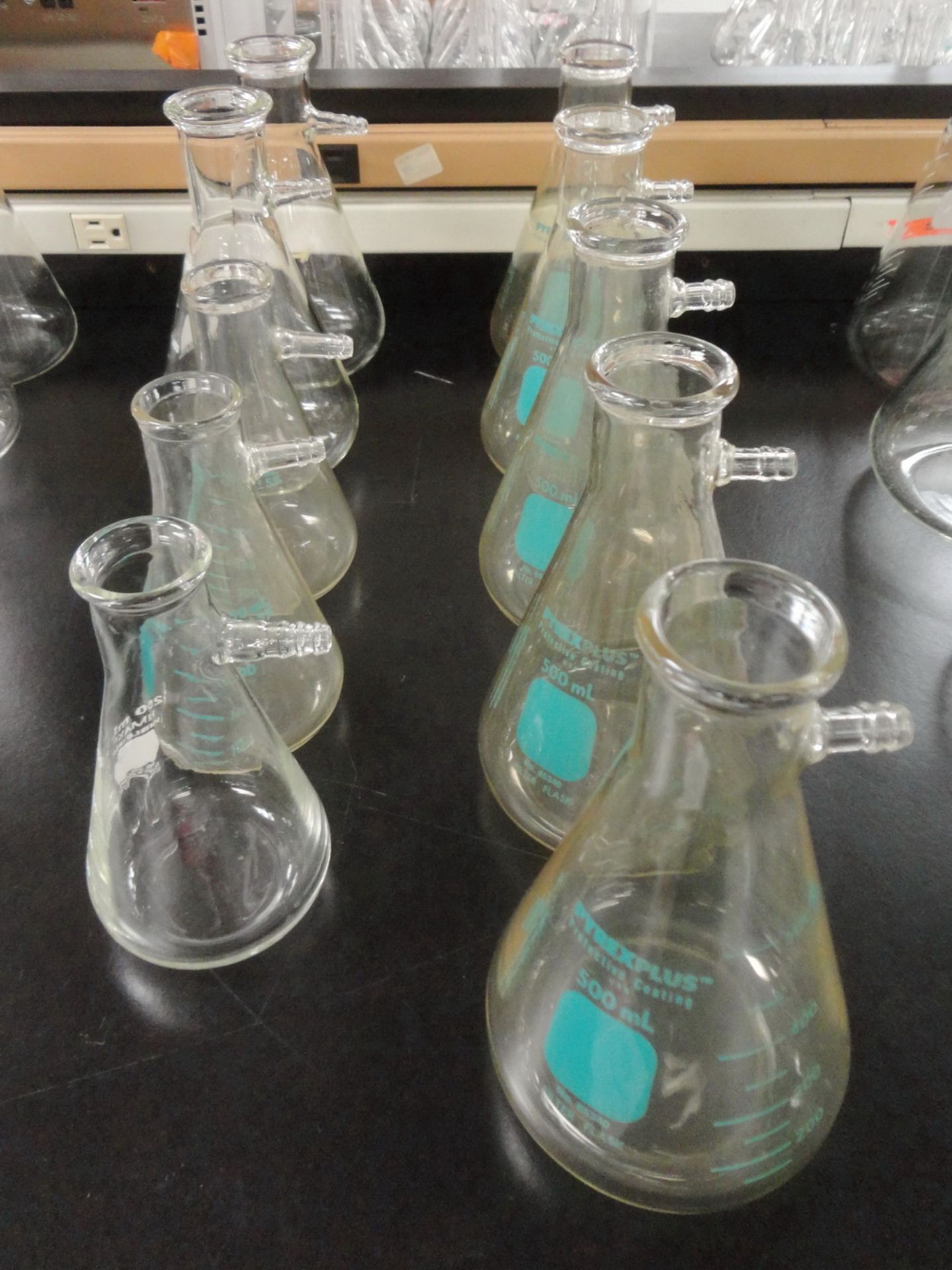 (10) Assorted Erlenmeyer clear filter flasks (3-250 ml, 2-500 ml, 5-coated 500 ml)