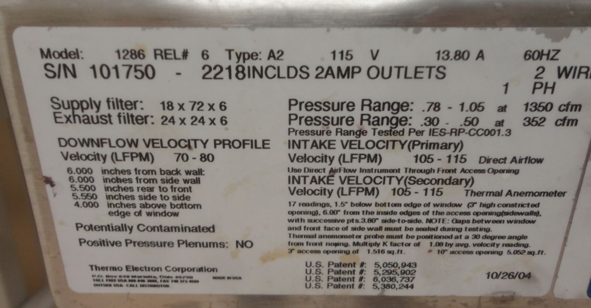 Thermo Forma Class II, A2 Biological Safety Cabinet, Model 1286, S/N 101750-2218 - Image 4 of 4