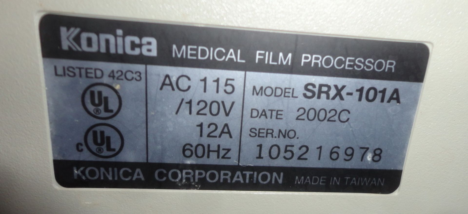 Konica Medical Film Processor, Model SRX-1019, S/N 105216978 - Image 3 of 3