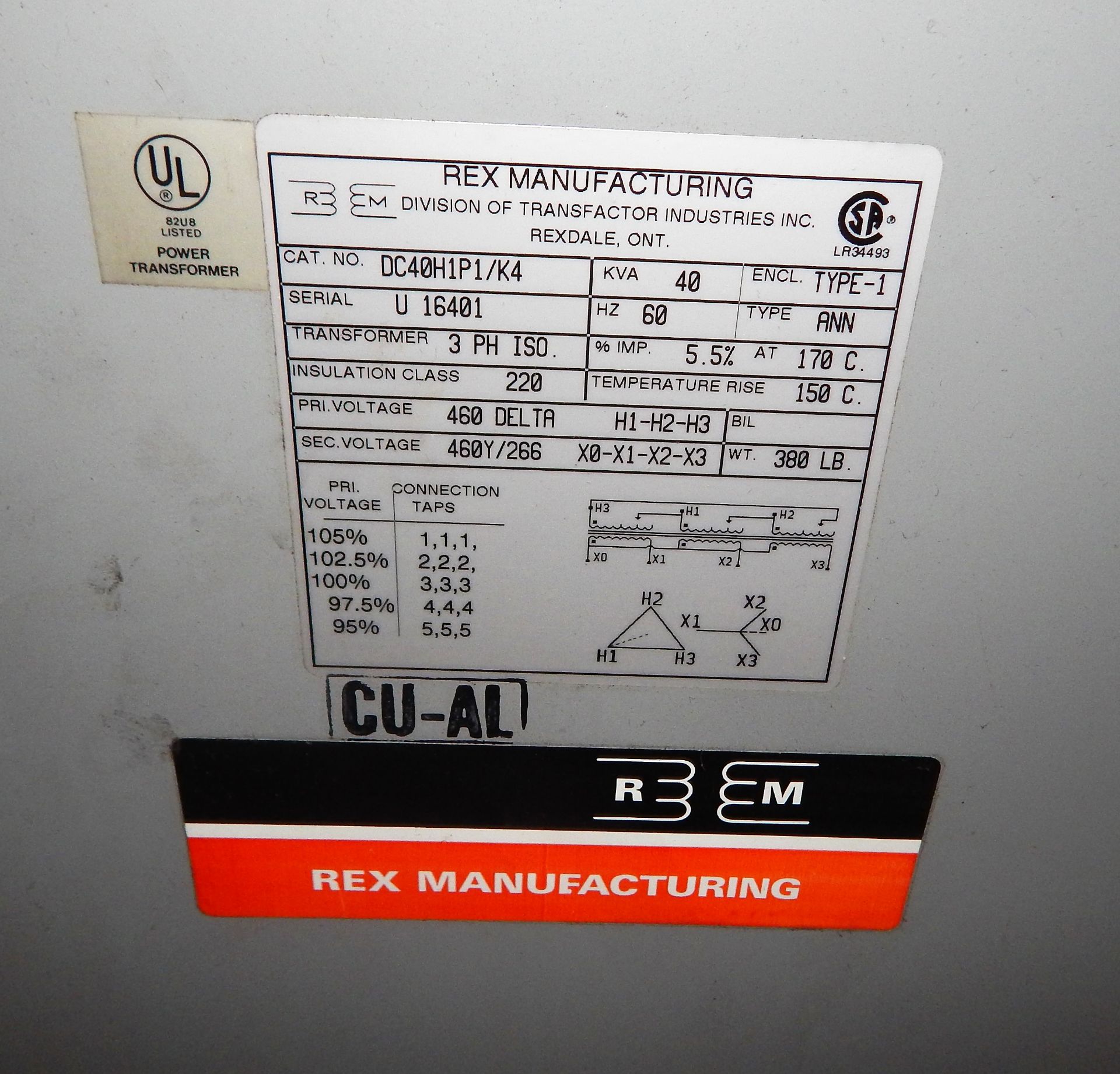 REX MFG. 40-KVA TRANSFORMER - Image 2 of 2