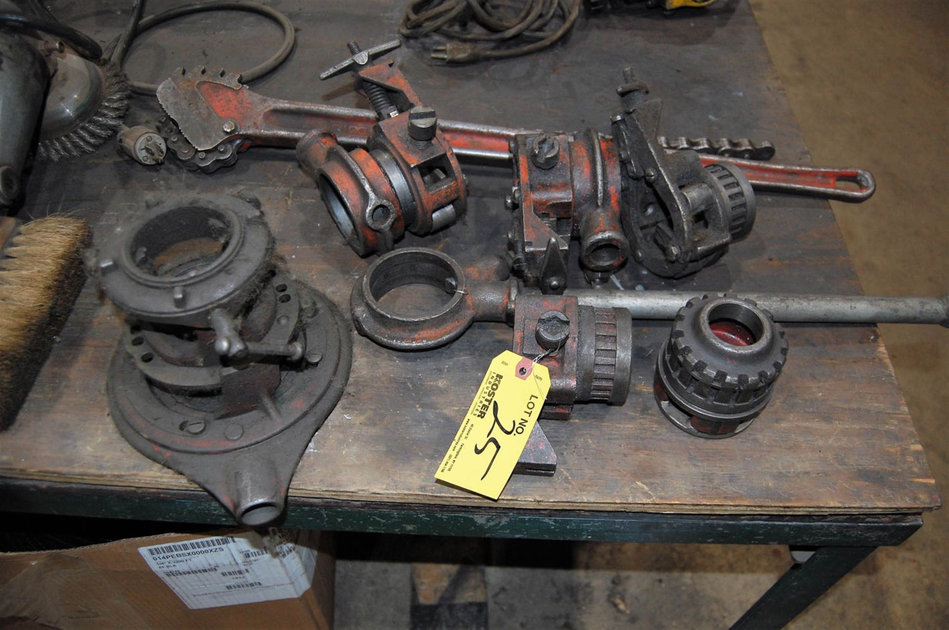 ASSORTED RIDGID THREADING DIES & PIPE CHAIN WRENCH