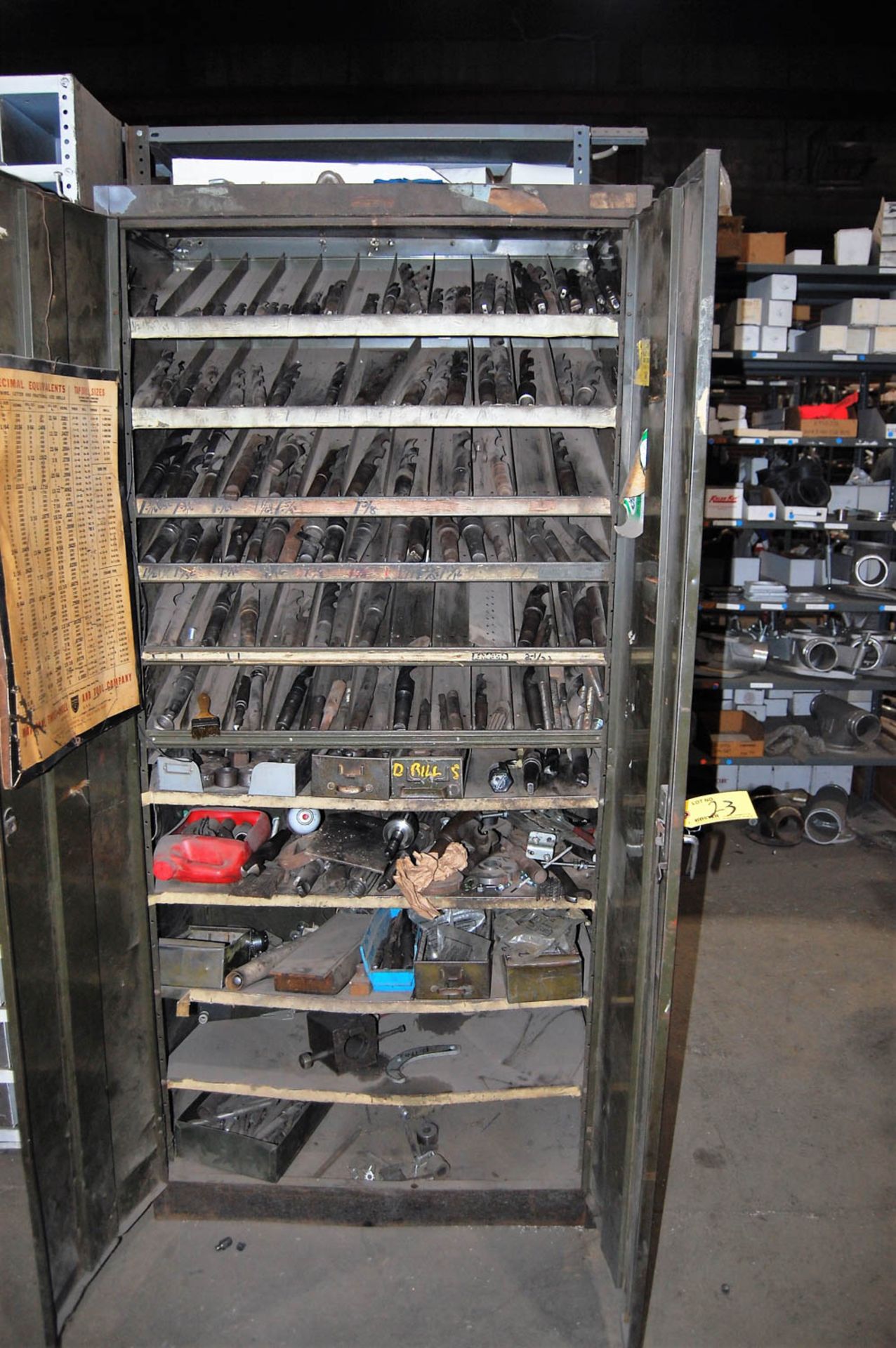 METAL 2-DOOR CABINET, WITH ASSORTED DRILL BITS, ETC.