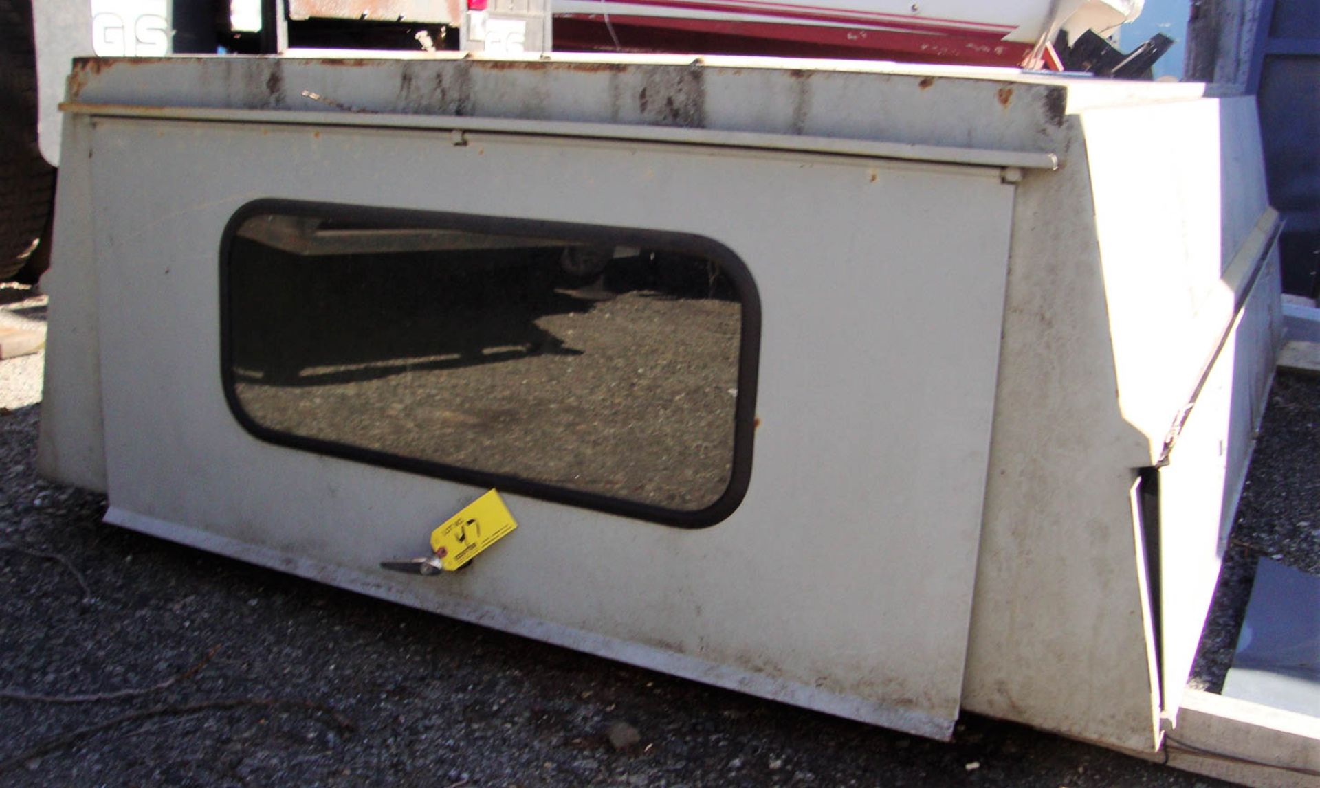 GRAY METAL PICKUP TRUCK CAP, WITH SIDE ENTRY DOORS, 8' X 67''