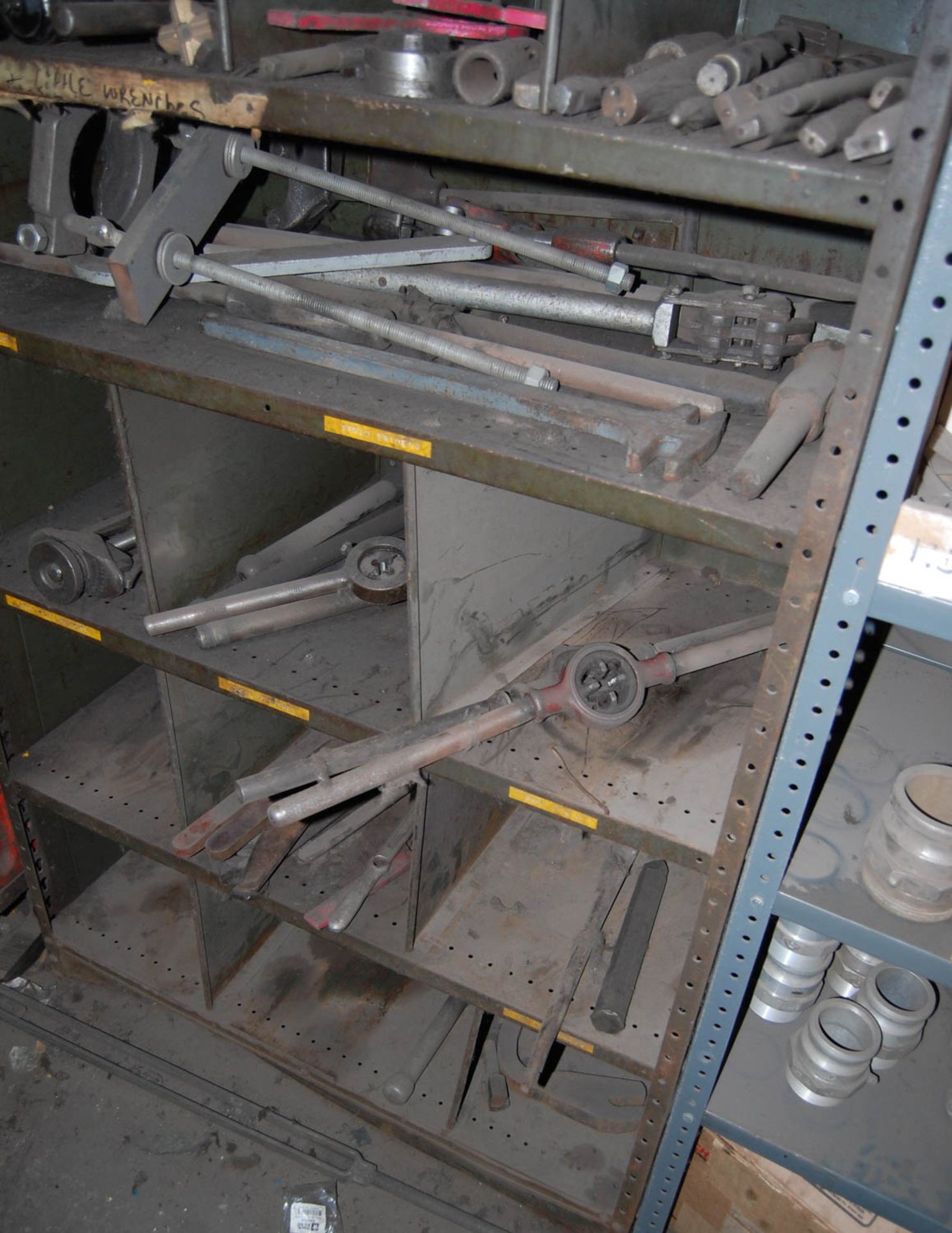 METAL BIN WITH DRILL BITS, THREADING HANDLE, WRENCHES, THREADING DIES, ETC. - Image 2 of 2