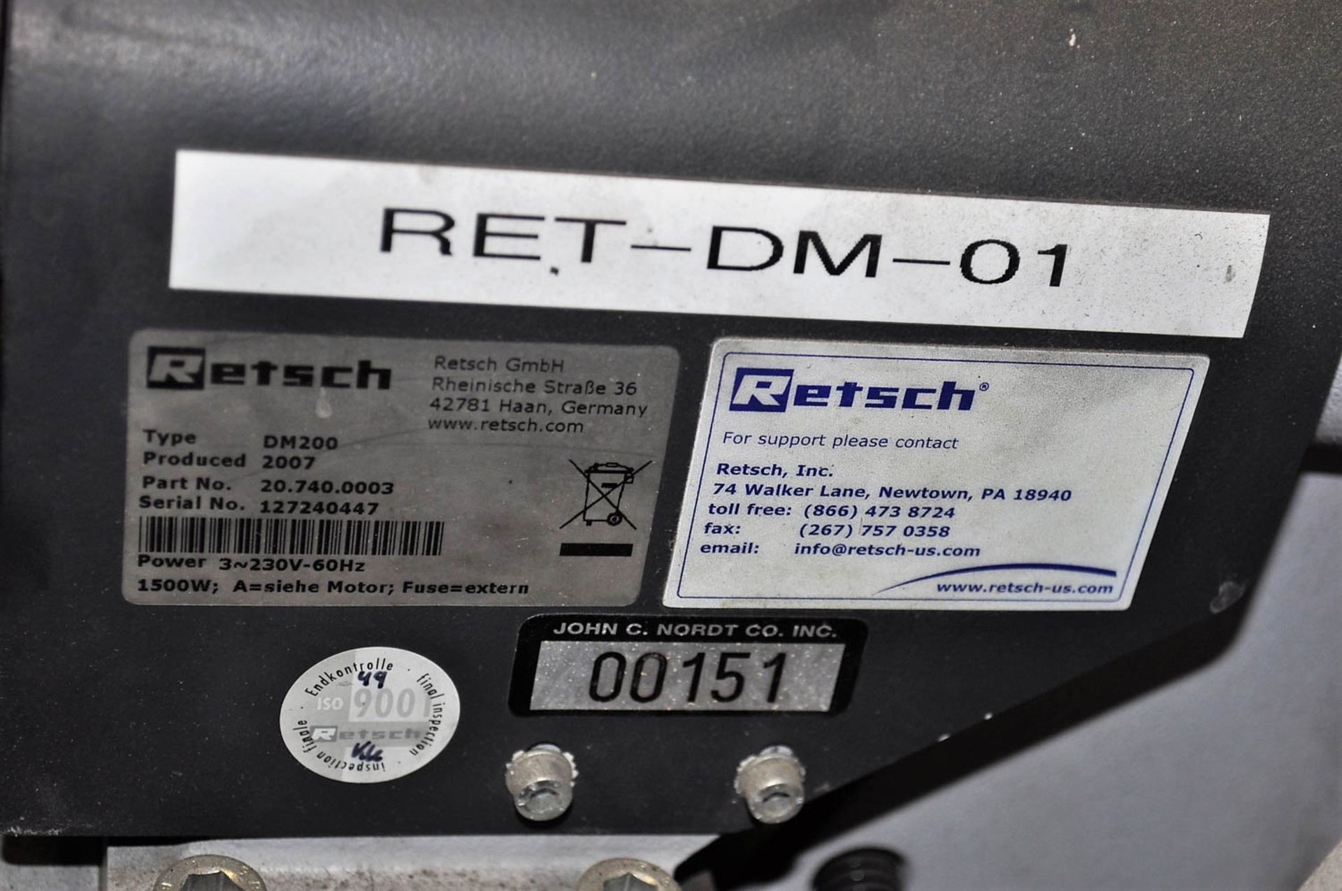 RETSCH TYPE DH200 VACUUM GRINDER, S/N: 127240447 [LOCATED IN ROANOKE, VA] - Image 2 of 2