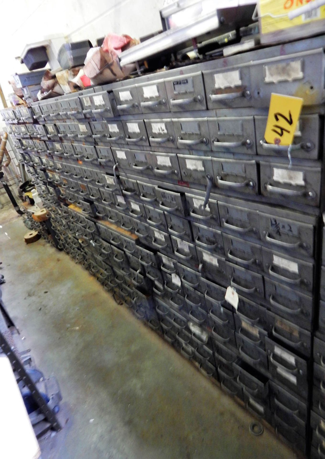 (3) ROWS OF EQUIPTO CABINETS WITH CONTENTS CONSISTING OF HARDWARE