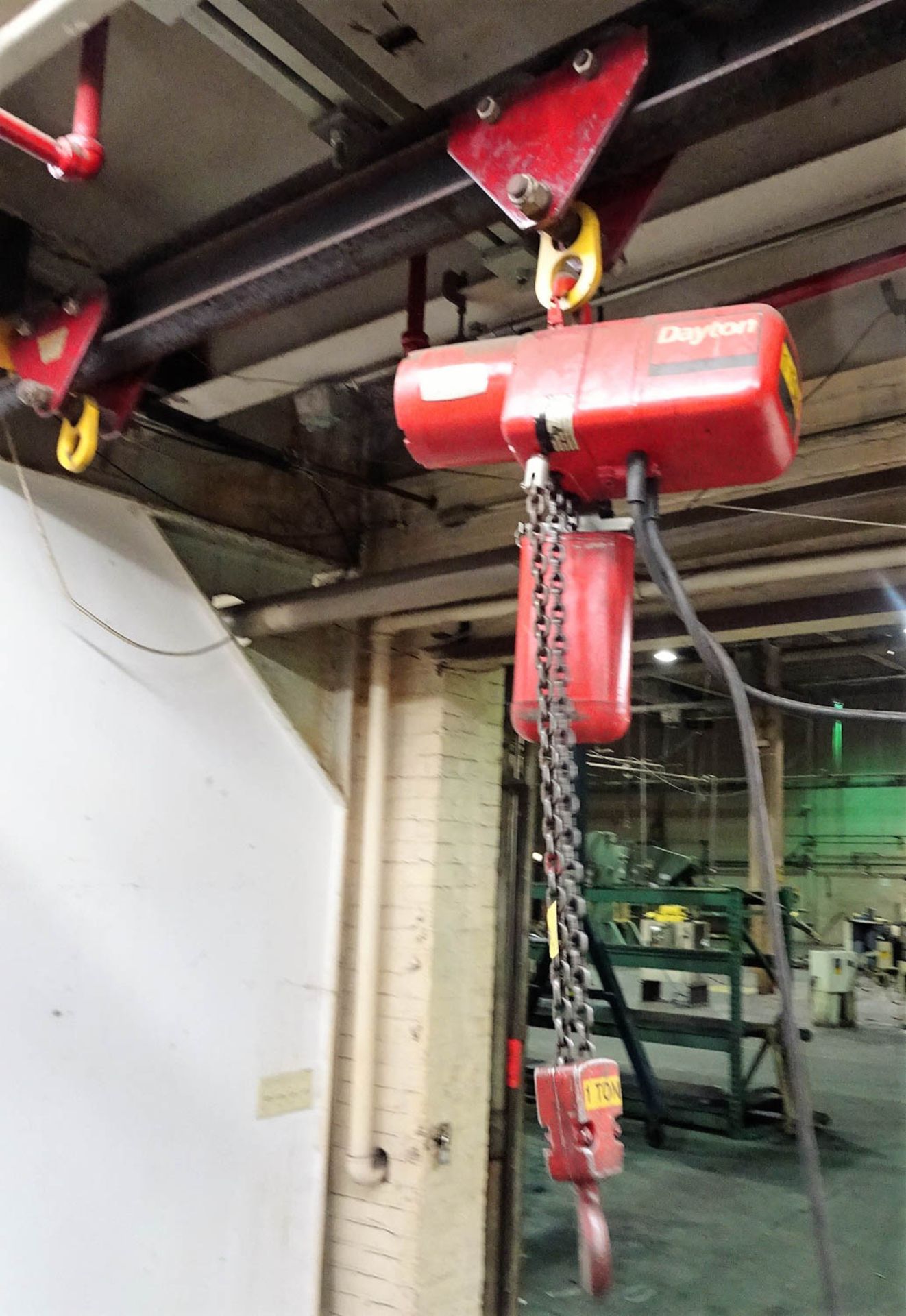 (2) DAYTON 1 TON ELECTRIC CHAIN HOISTS, WITH DROP PENDANT CONTROLS, AND I-BEAM TROLLEYS - Image 2 of 2