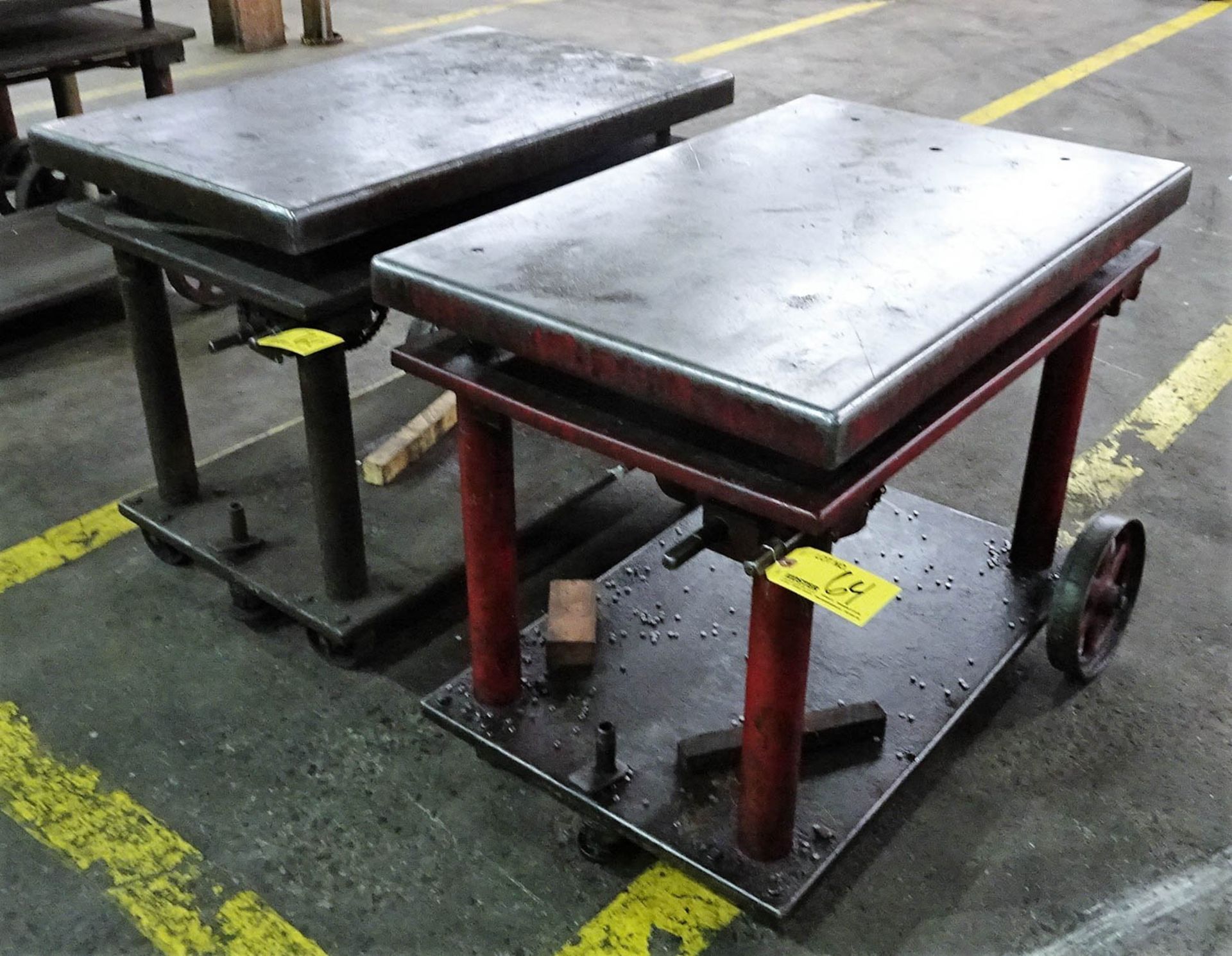 (2) FOUR POST STEEL WHEELED MANUAL DIE LIFT TABLES, WITH APPROXIMATELY 1500# CAPACITY