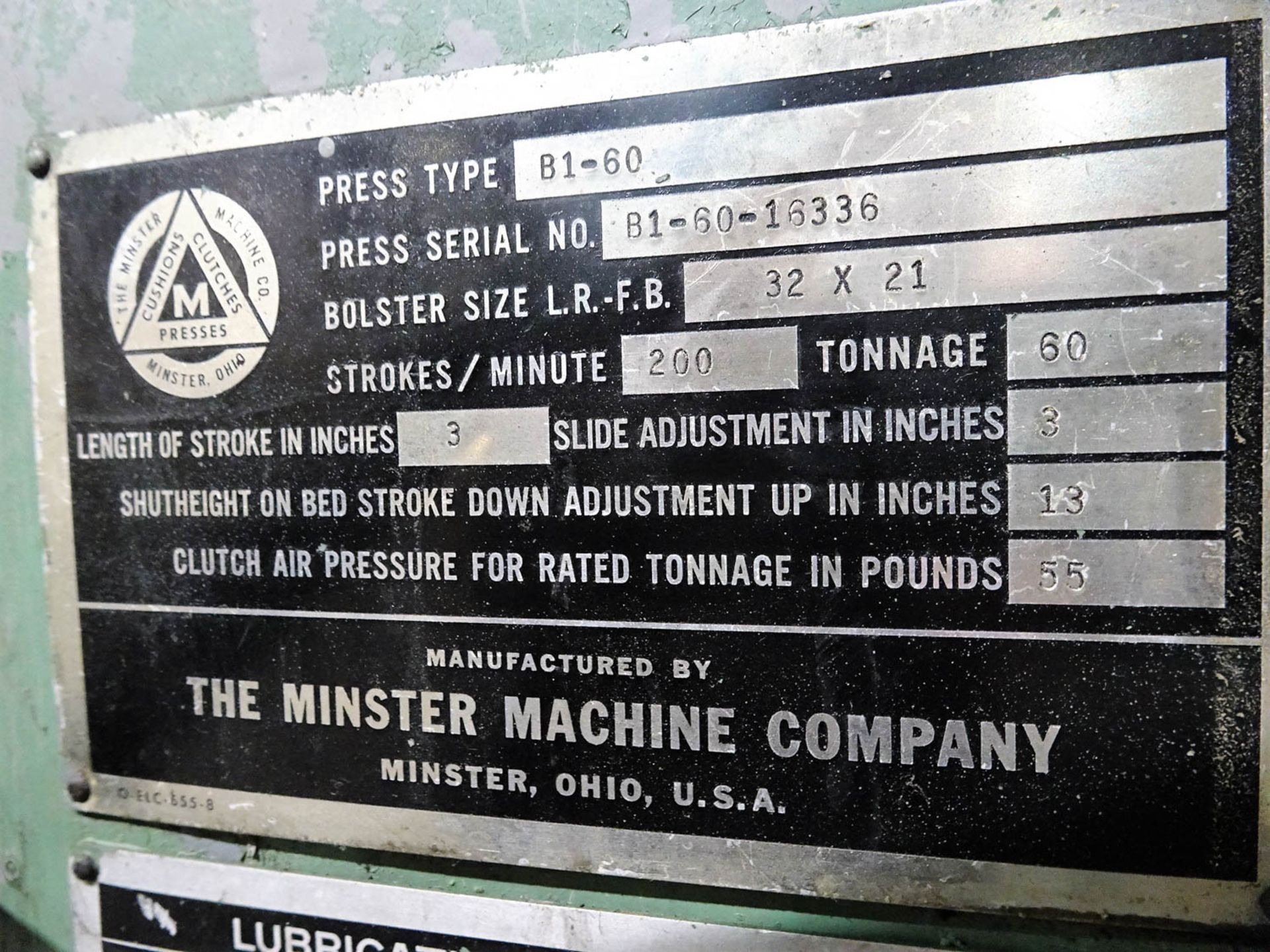 MINSTER MDL. BI-60 FLYWHEEL-TYPE 60-TON NON-INCLINABLE PRESS, WITH 3'' STROKE, AIR CLUTCH, 3'' - Image 5 of 9