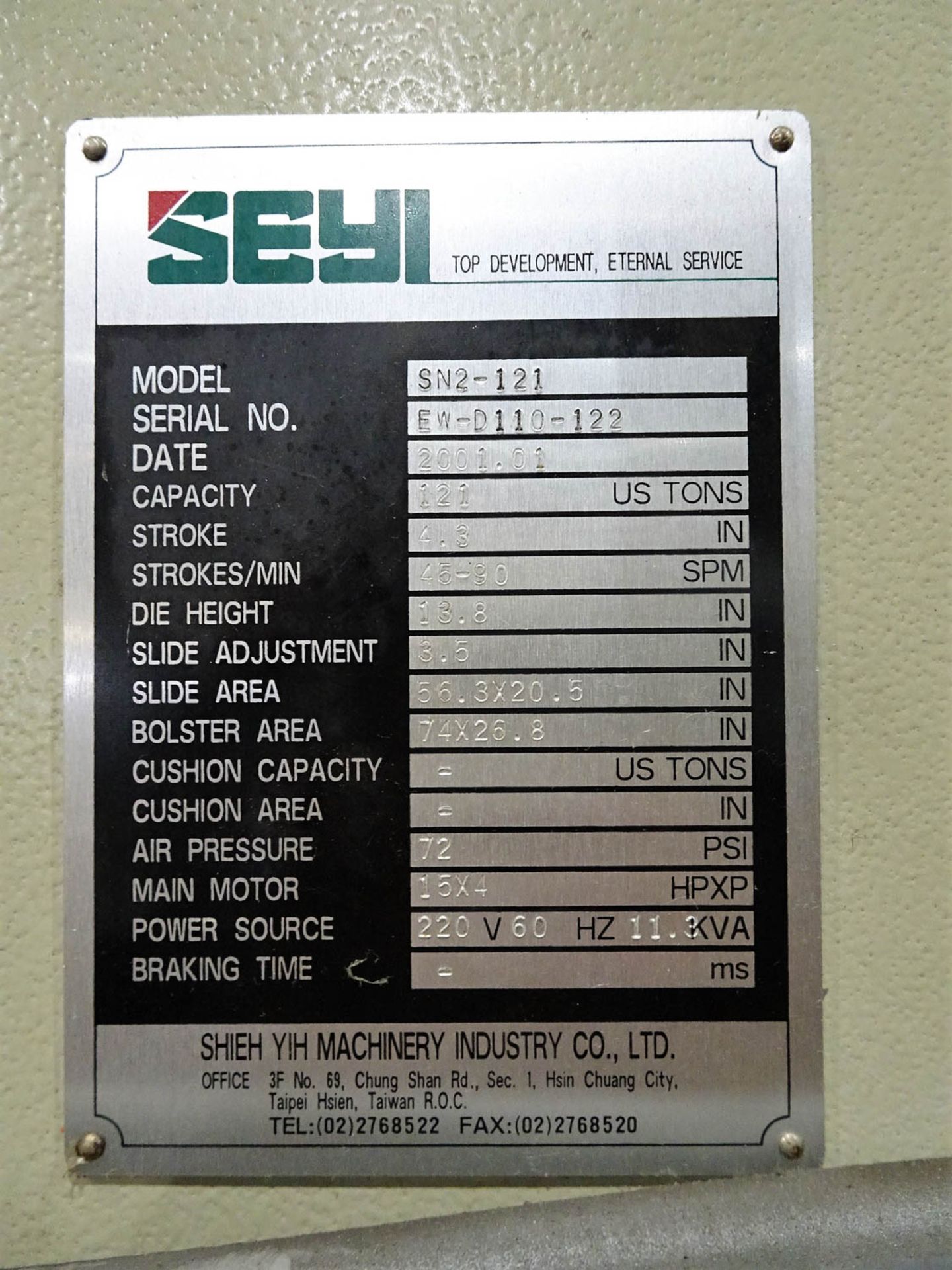 SEYI MDL. SN2-121 121 TON DOUBLE CRANK GAP FRAME PRESS, WITH 4.3'' STROKE, AIR CLUTCH, 3.5'' - Image 6 of 14