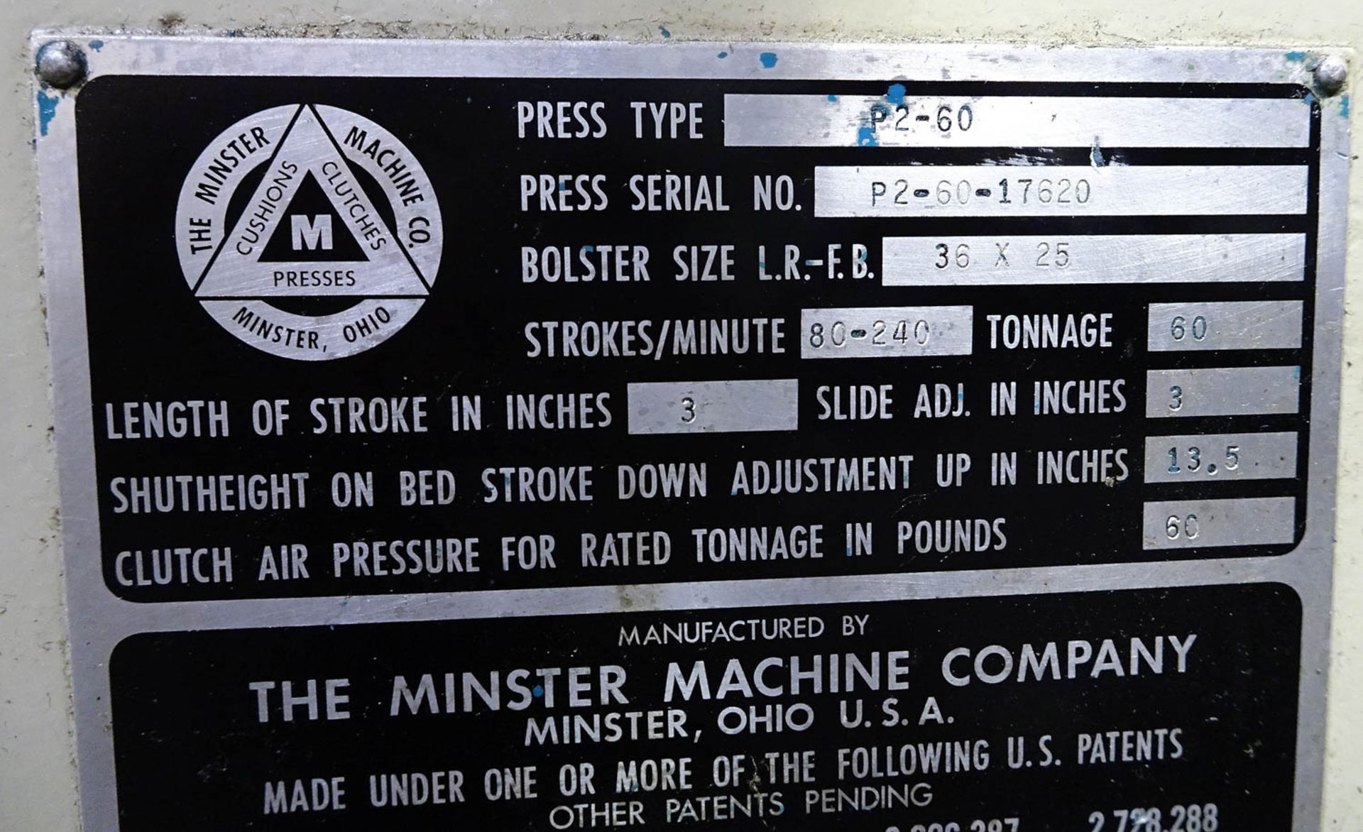 MINSTER MDL. P2-60-36 60-TON ''PIECEMAKER'' STRAIGHT SIDE DOUBLE CRANK HIGH SPEED PRESS, WITH 3'' - Image 5 of 12