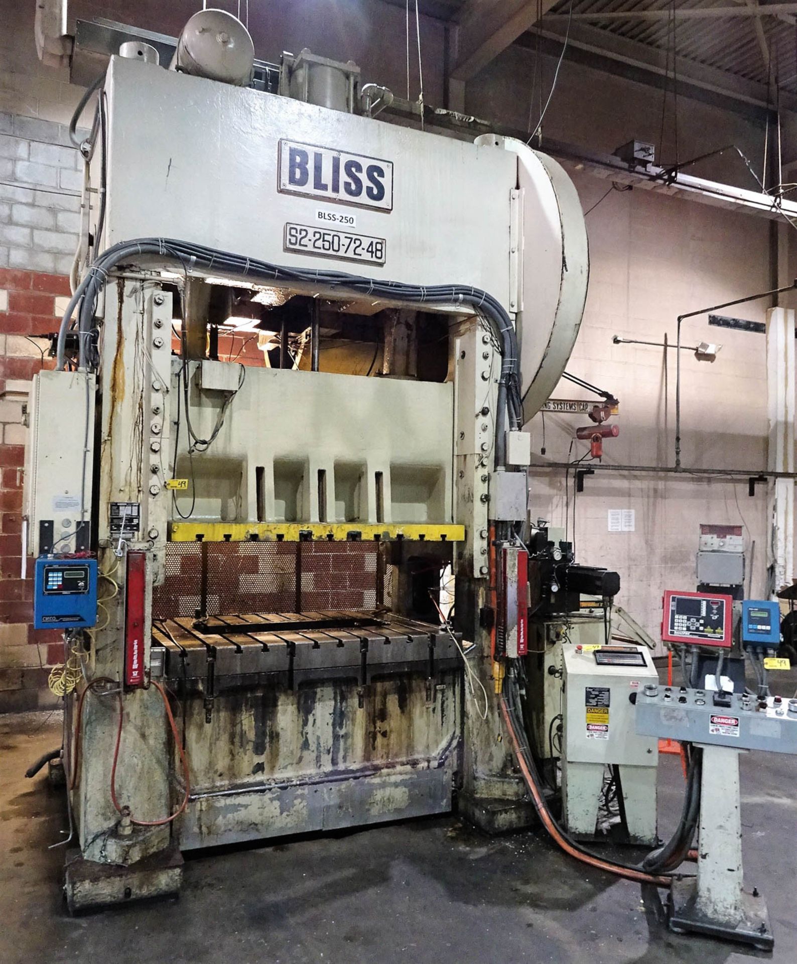 BLISS MDL. S2-250-72-48 250-TON STRAIGHT SIDE DOUBLE CRANK HIGH SPEED PRESS, AIR CLUTCH, 8'' STROKE,