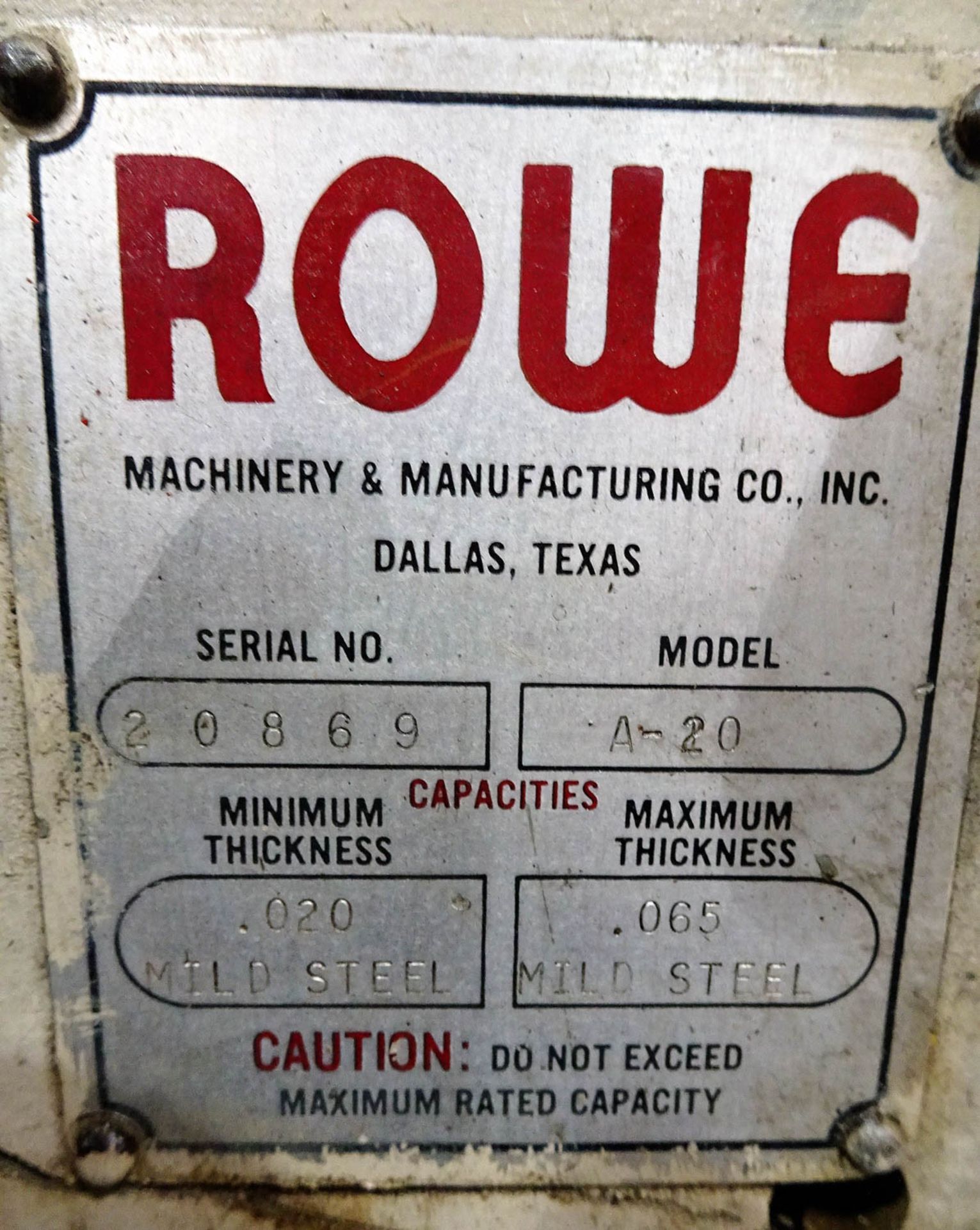 ROWE MDL. A-20 20'' ROLL STRAIGHTENER, MAXIMUM MATERIAL THICKNESS .065'', S/N: 20869 - Image 3 of 3