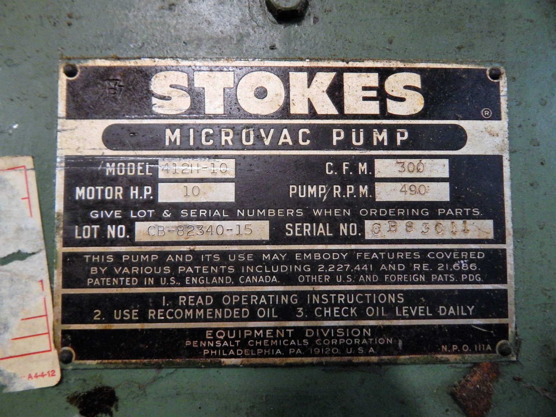 STOKES MDL. 412H-10 MICRO VAC PUMP, 300 CFM, 490 RPM, S/N: CB83011 - Image 2 of 2