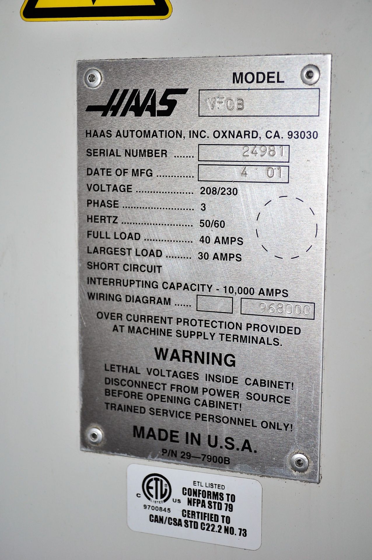 HAAS MDL. VFOB CNC VERTICAL MILL, WITH 14'' X 26'' TABLE, CAT 40 TAPER, 20-POSITION AUTOMATIC TOOL - Image 9 of 11