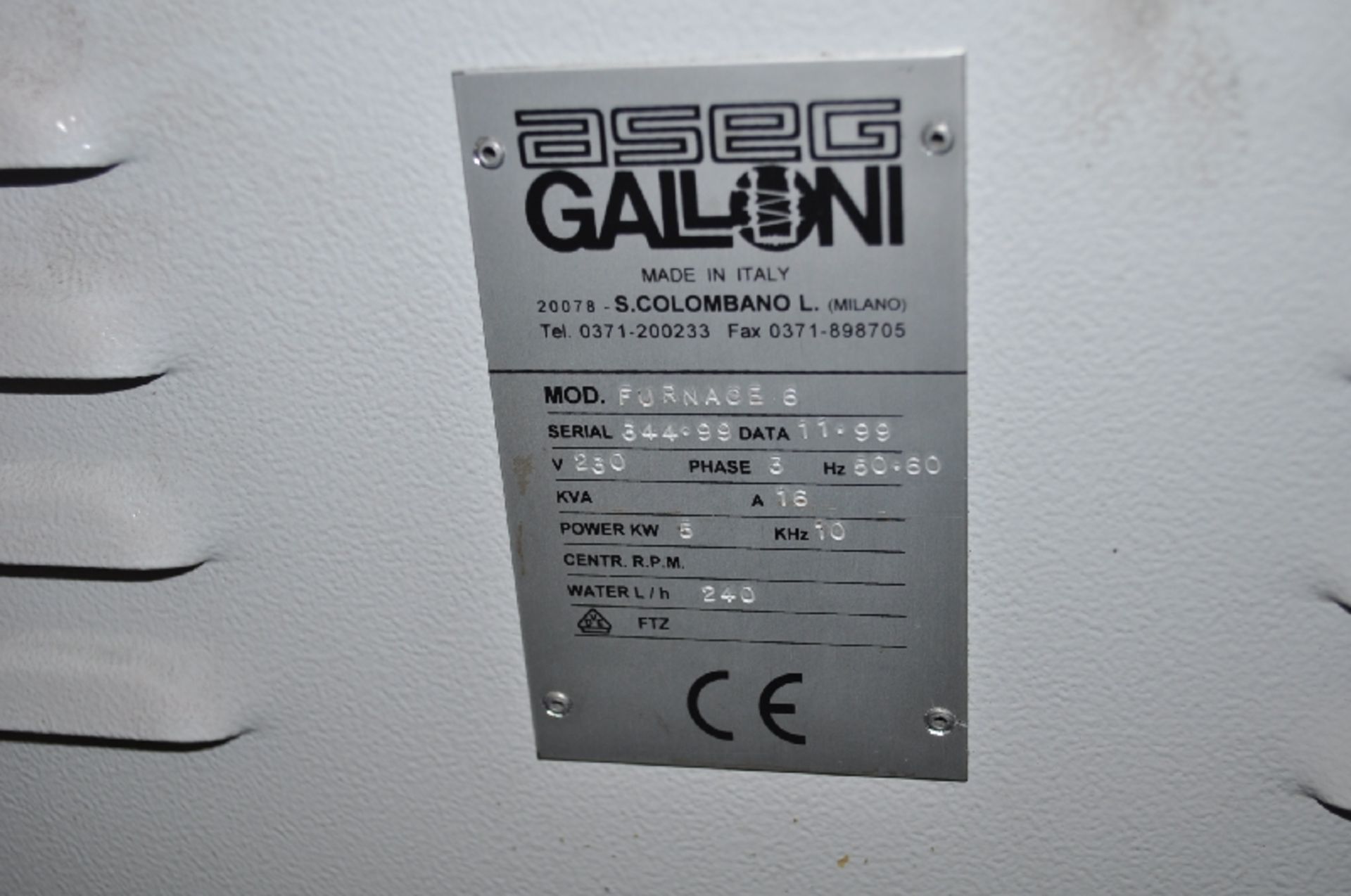 GALLONI FURNACE 6 INDUCTION MELTER, 6KG, DIGITAL TEMPERATURE CONTROLS, S/N: 344.99 [1999] - Image 3 of 3