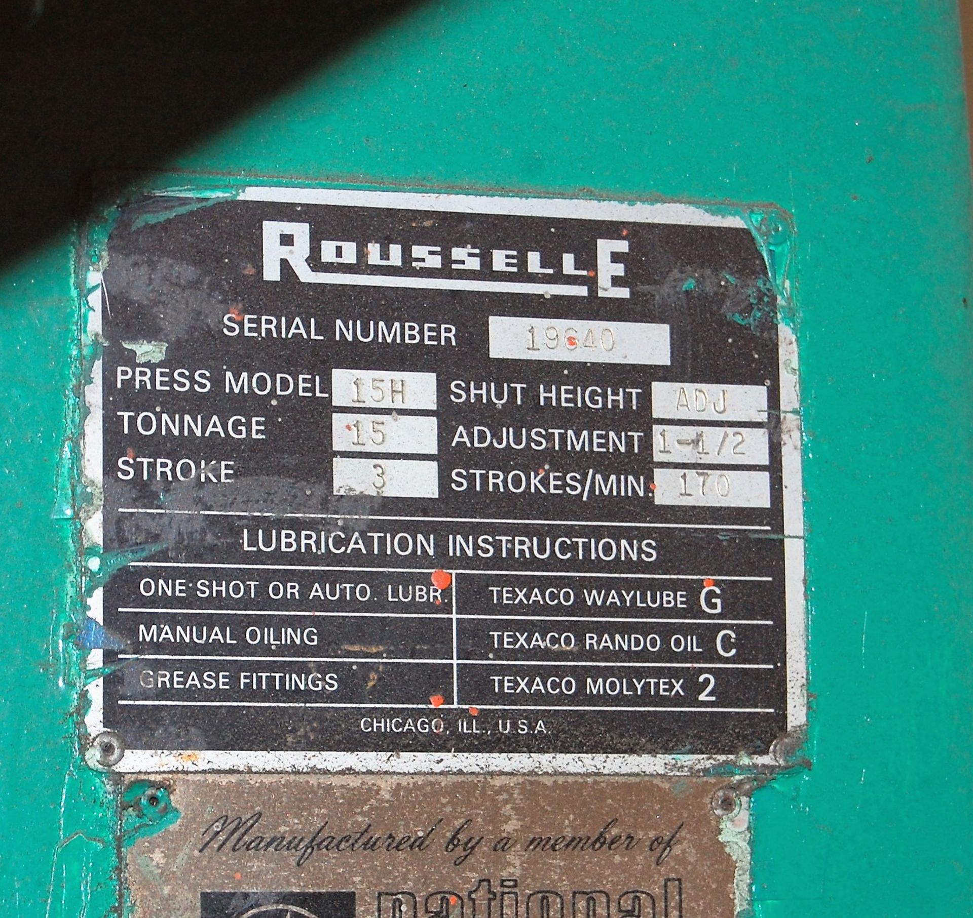 ROUSSELLE PRESS MDL. 15H FLYWHEEL TYPE HORN PRESS, MECHANICAL CLUTCH, 3" STROKE, 170SPM, 1-1/2" - Image 4 of 6