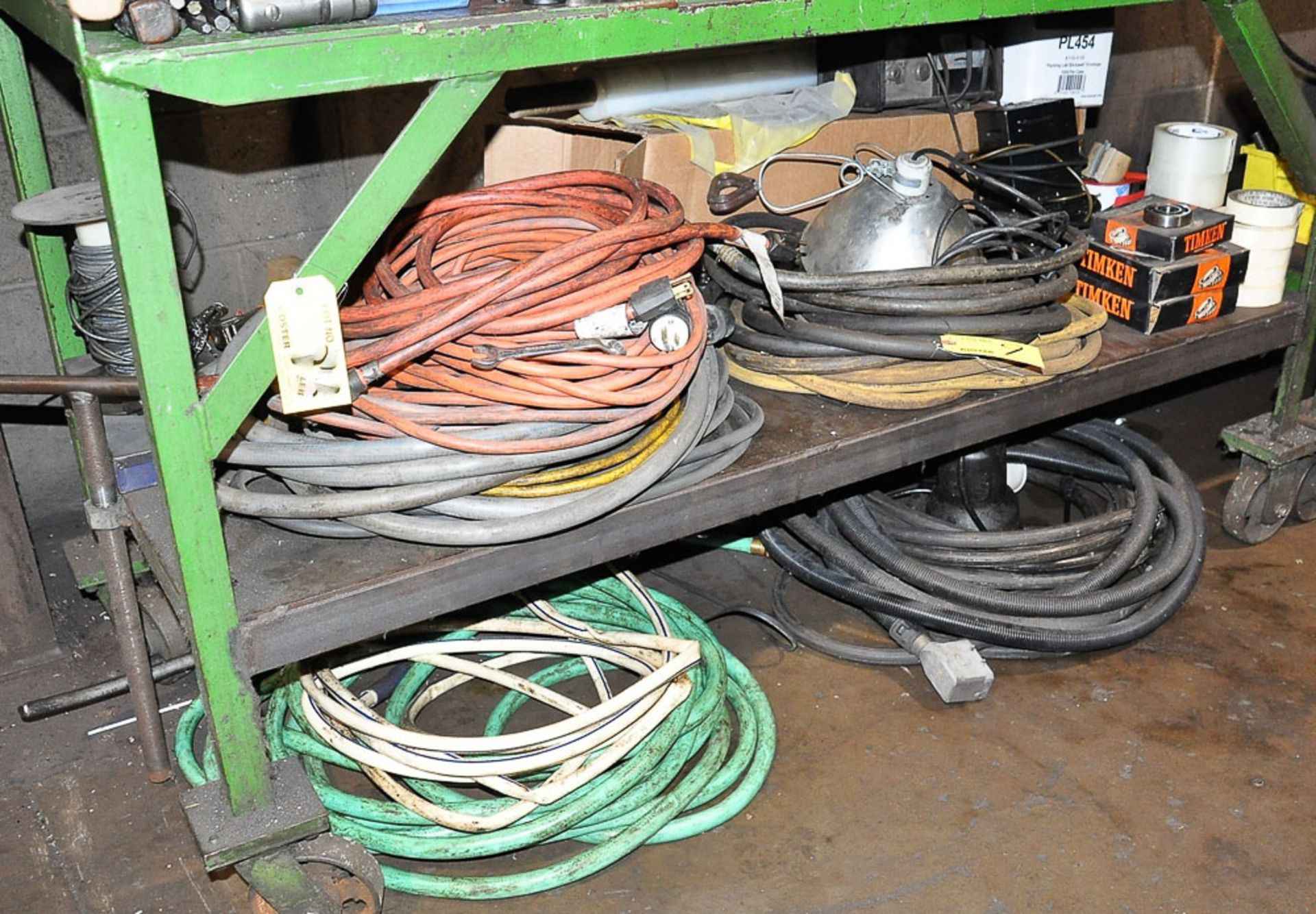 LOT OF EXTENSION CORDS, AIR HOSE, BEARINGS & SHIPPING SUPPLIES (UNDER BENCH)