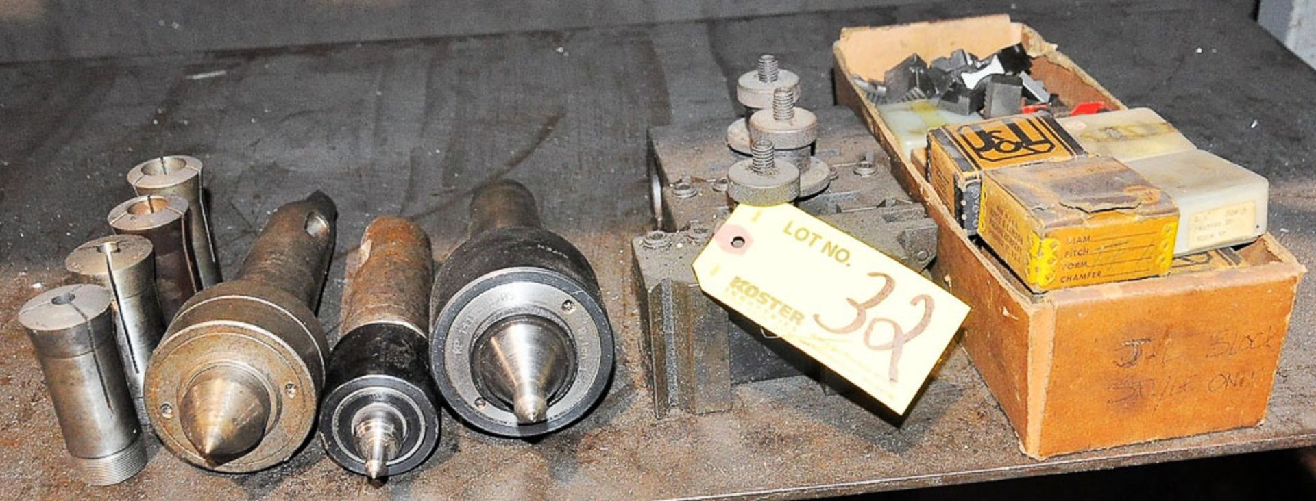 LOT OF LIVE CENTERS WITH LATHE TOOL HOLDERS, 5C COLLETS & THREAD CHASERS