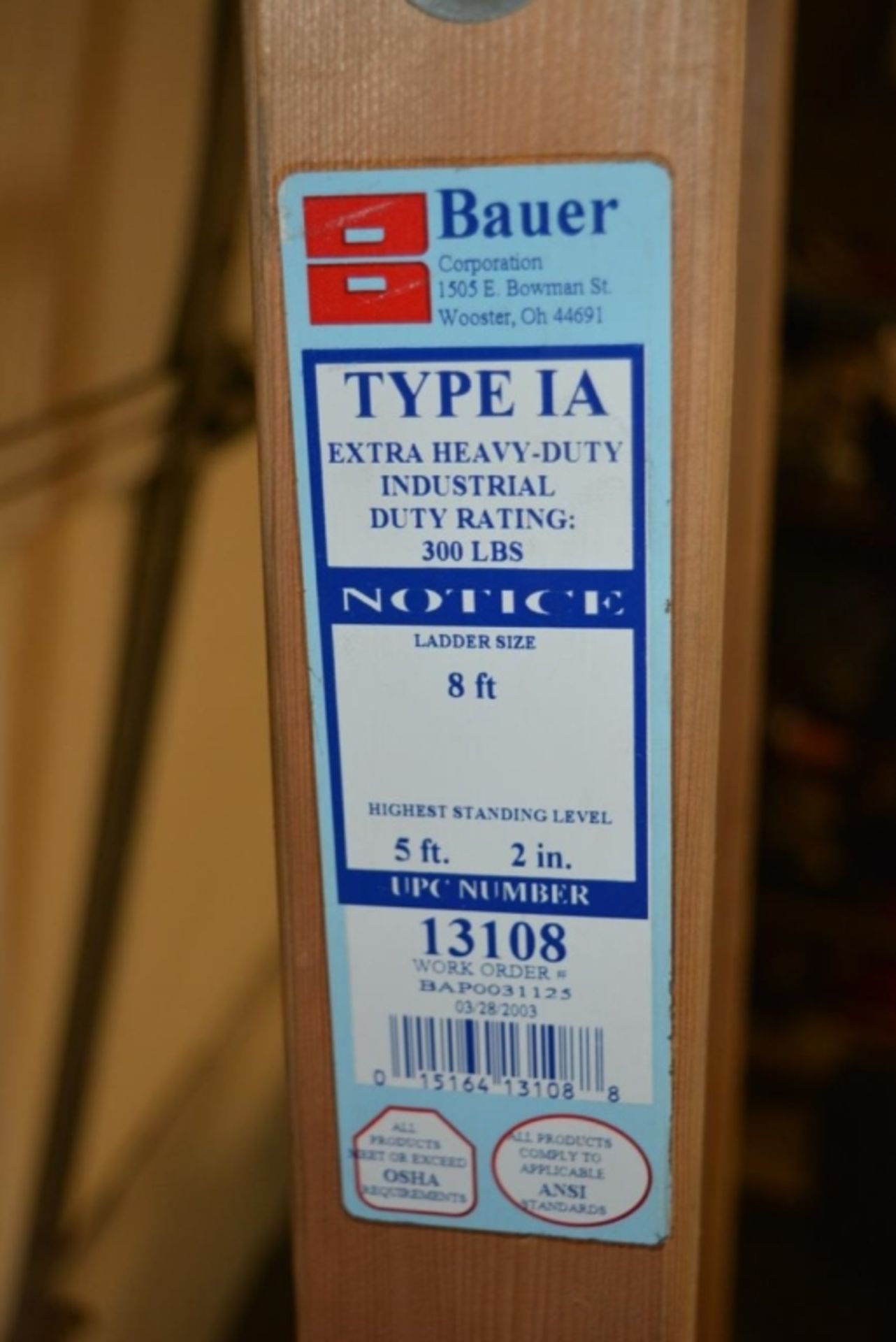 Bauer 13108 Type IA 8-Foot Wood Straight Ladder - Image 2 of 2