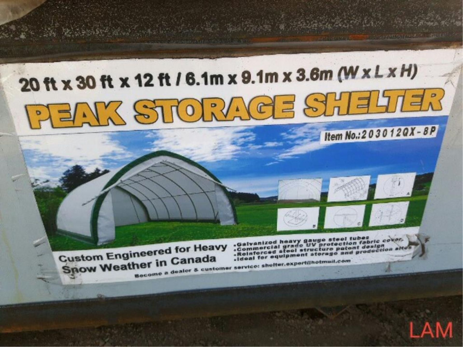 20FT X 30FT X 12FT Peak Ceiling Storage Shelter C/W: Commercial fabric, roll up door