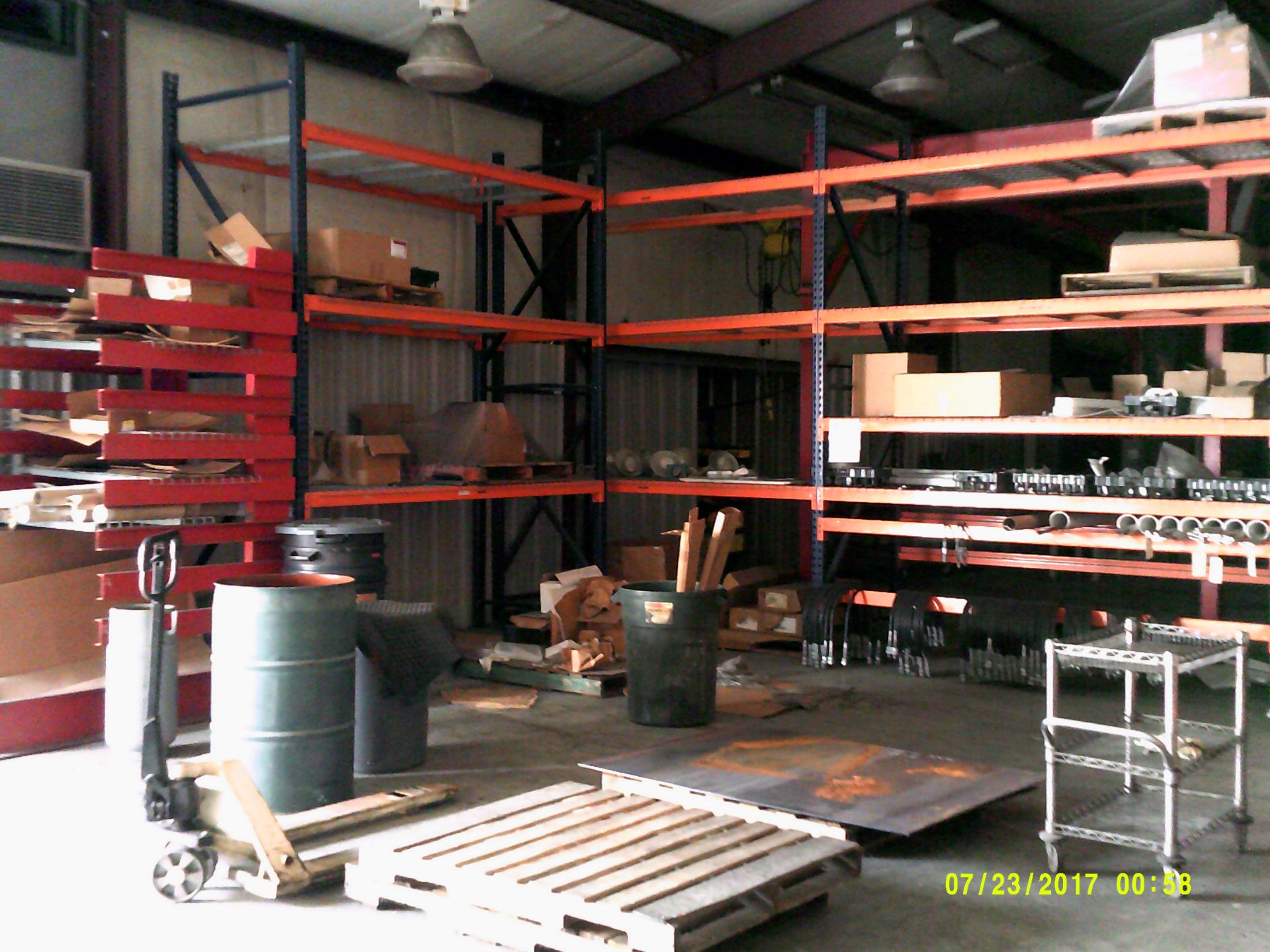 3 sections of pallet racking, jet pallet jack, rolling book cart, etc.