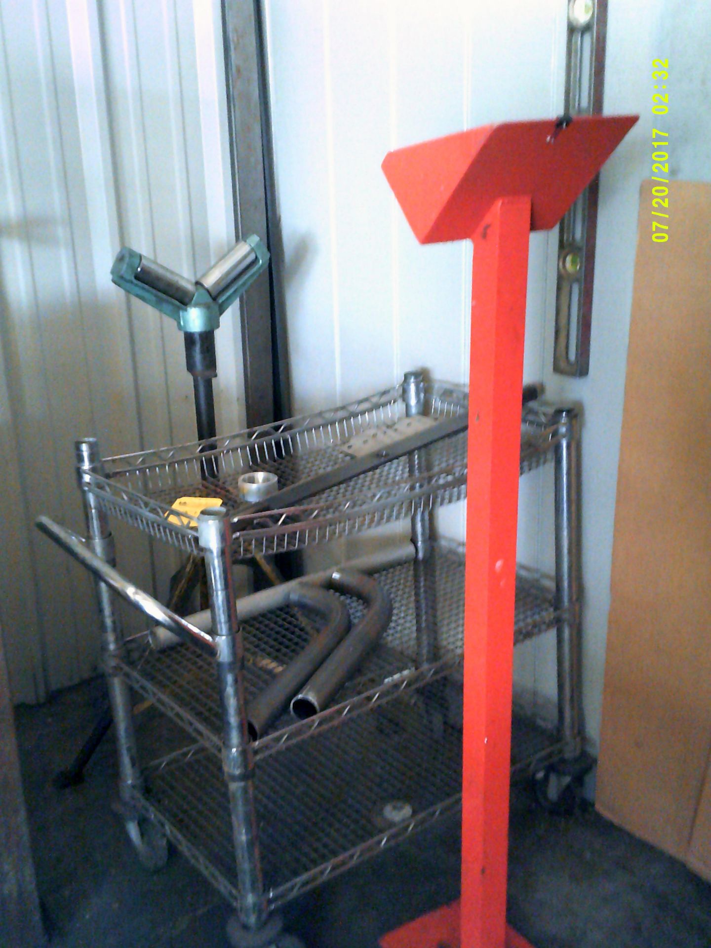 Small metal rolling cabient, misc. red stand, level & square