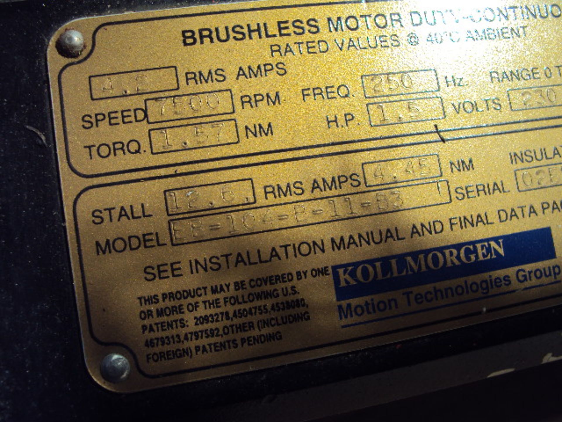 Kollmorgen Brushless Servo Motor EB-104-B-11-B3 1.5HP 7500 RPM with 24V Brake - Image 4 of 5