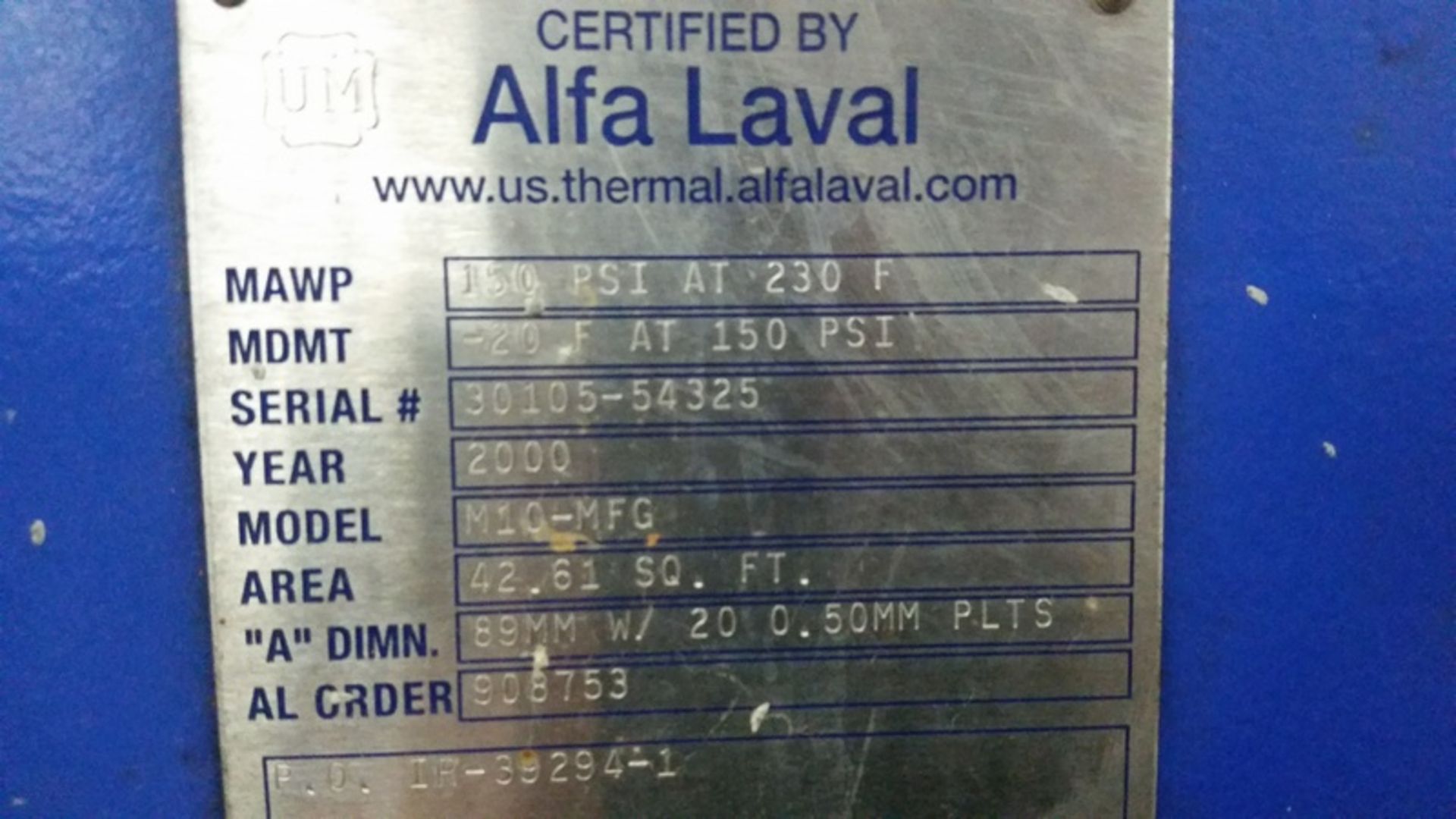 Alfa Laval Plate and Frame Heat Exchanger Model: M10-MFG Serial: 30105-54325 Year: 2000MAWP 150 - Image 5 of 5