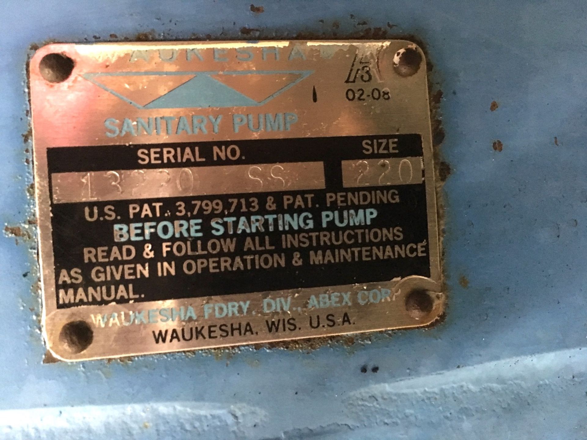 Waukesha Positive Displacement Pump Model: 220 Serial: 13220 SS 4.5in IN 4.5in OUTMounted to - Image 5 of 6