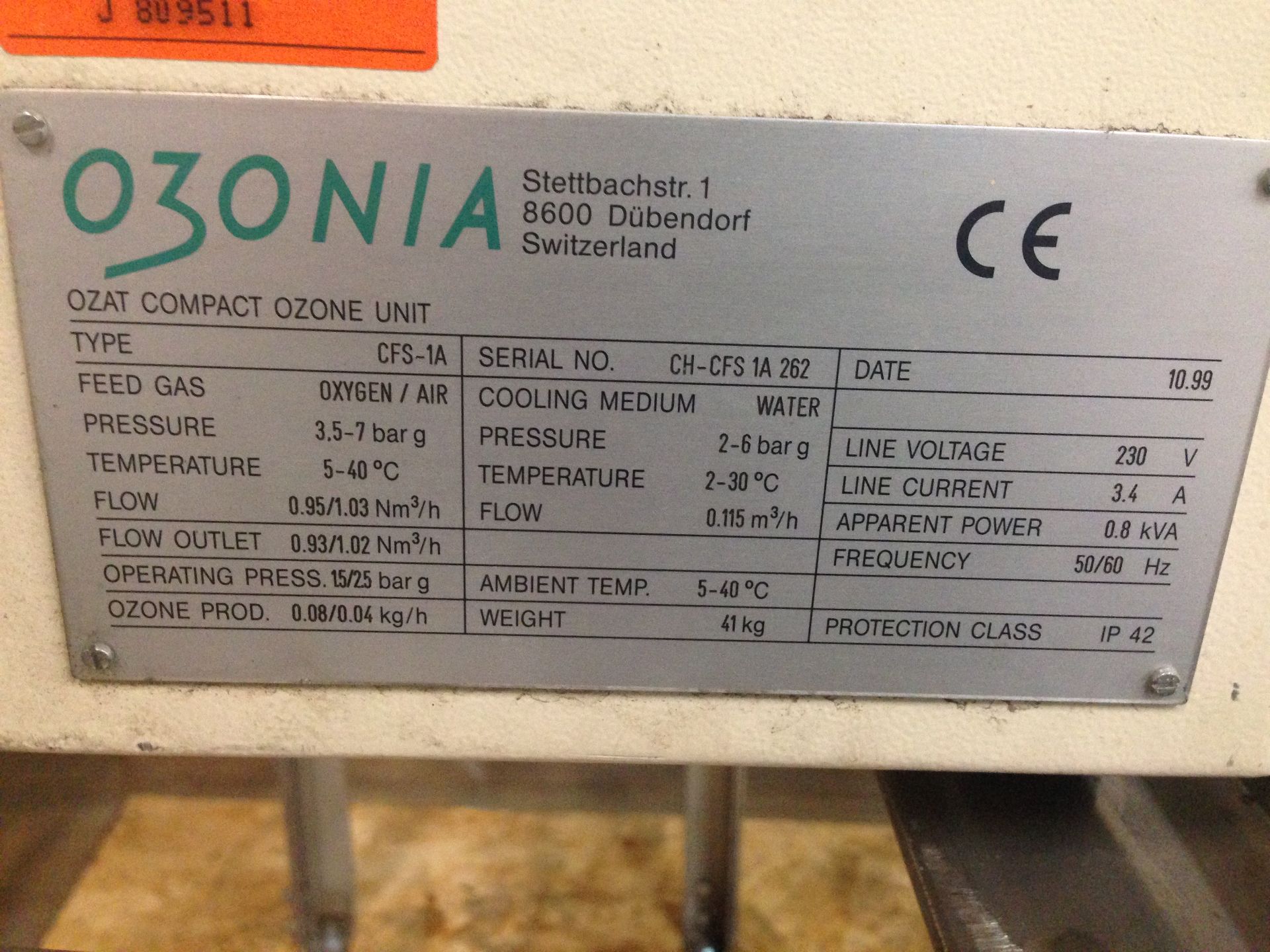 Ozonia Ozone Generator 1999 Model: CFS-1A S/N: CH-CFS-1A262 On Stainless Steel Stand (Located in NC) - Image 2 of 4