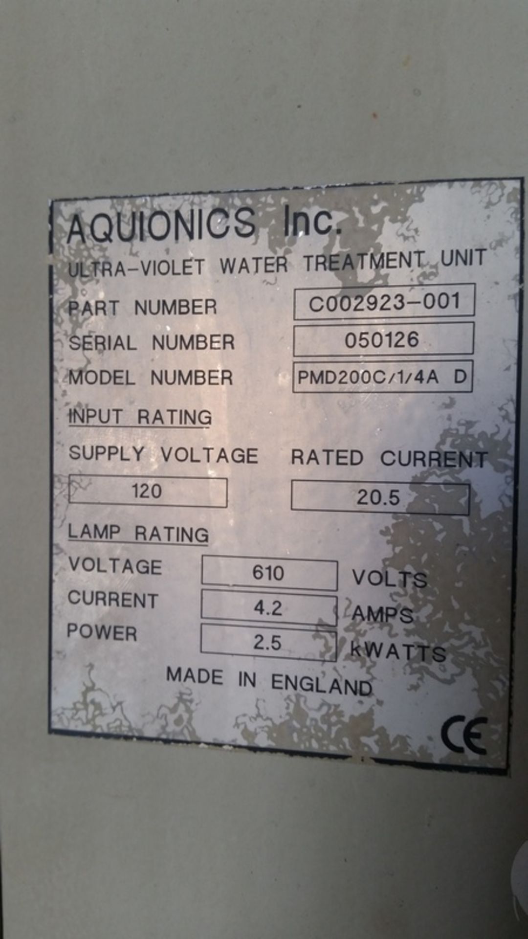 Aquionics Ultra-Violet Water Treatment Unit Model: PMD200C/1/4A D Serial: 050126Rated Pressure: 10 - Image 8 of 12