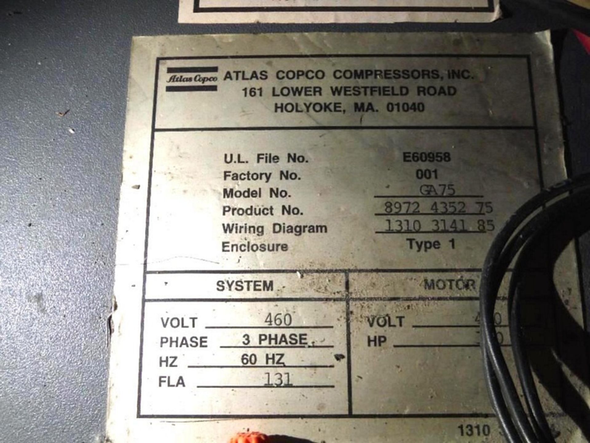 Atlas Copco GA75 Air Compressor Serial: 897243527575 Horsepower Compressor, Last used at a bakery - Image 5 of 6