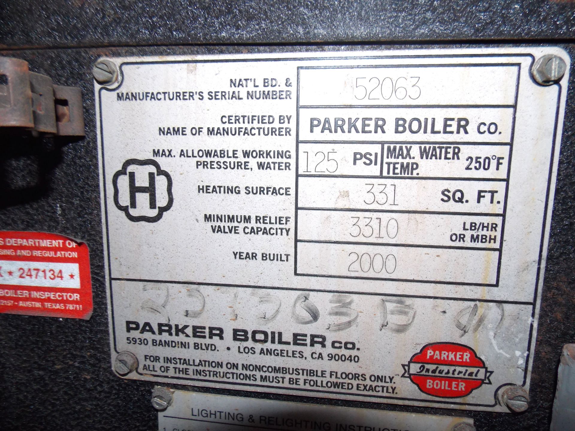 Parker Hot Water Boiler Model: 331 Square Feet Serial: 52063 Year: 2000331 Square Feet, Certified, - Image 3 of 4