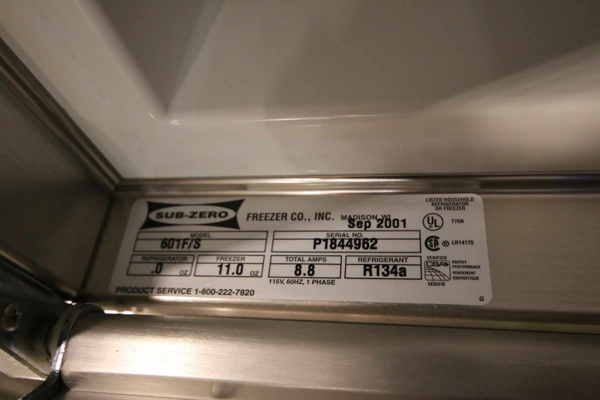 Sub-Zero S/S Vertical Freezer, Model 601F/S, S/N P1844962 (LH) with R134a Refrigerant includes Ice - Image 3 of 3