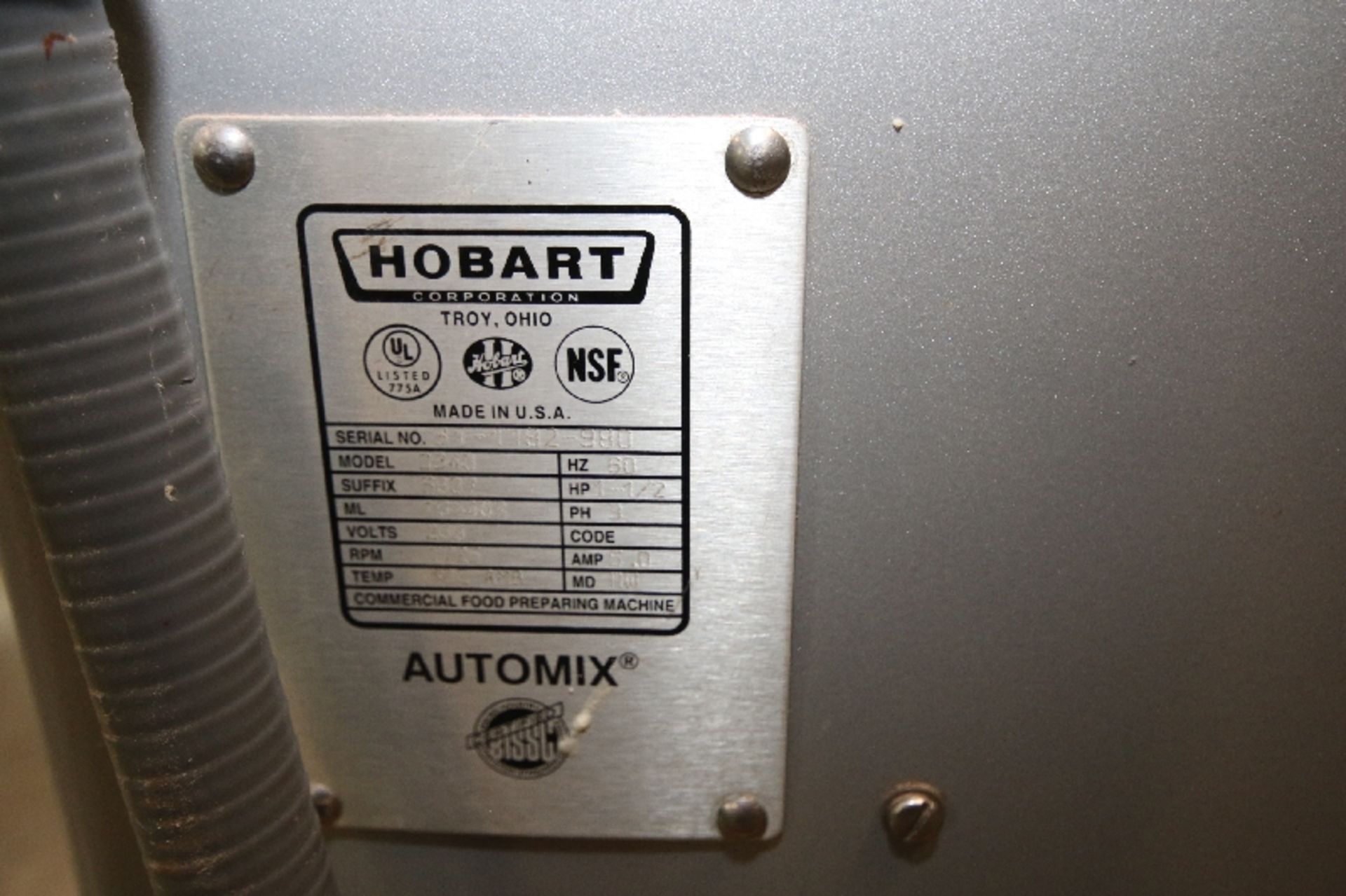 Hobart 3-Speed 40 Qt. Commercial Mixer, Model 0340, S/N 31-1182-980, 1-1/2 hp, 1725 RPM, 208 V, 3 - Image 4 of 4