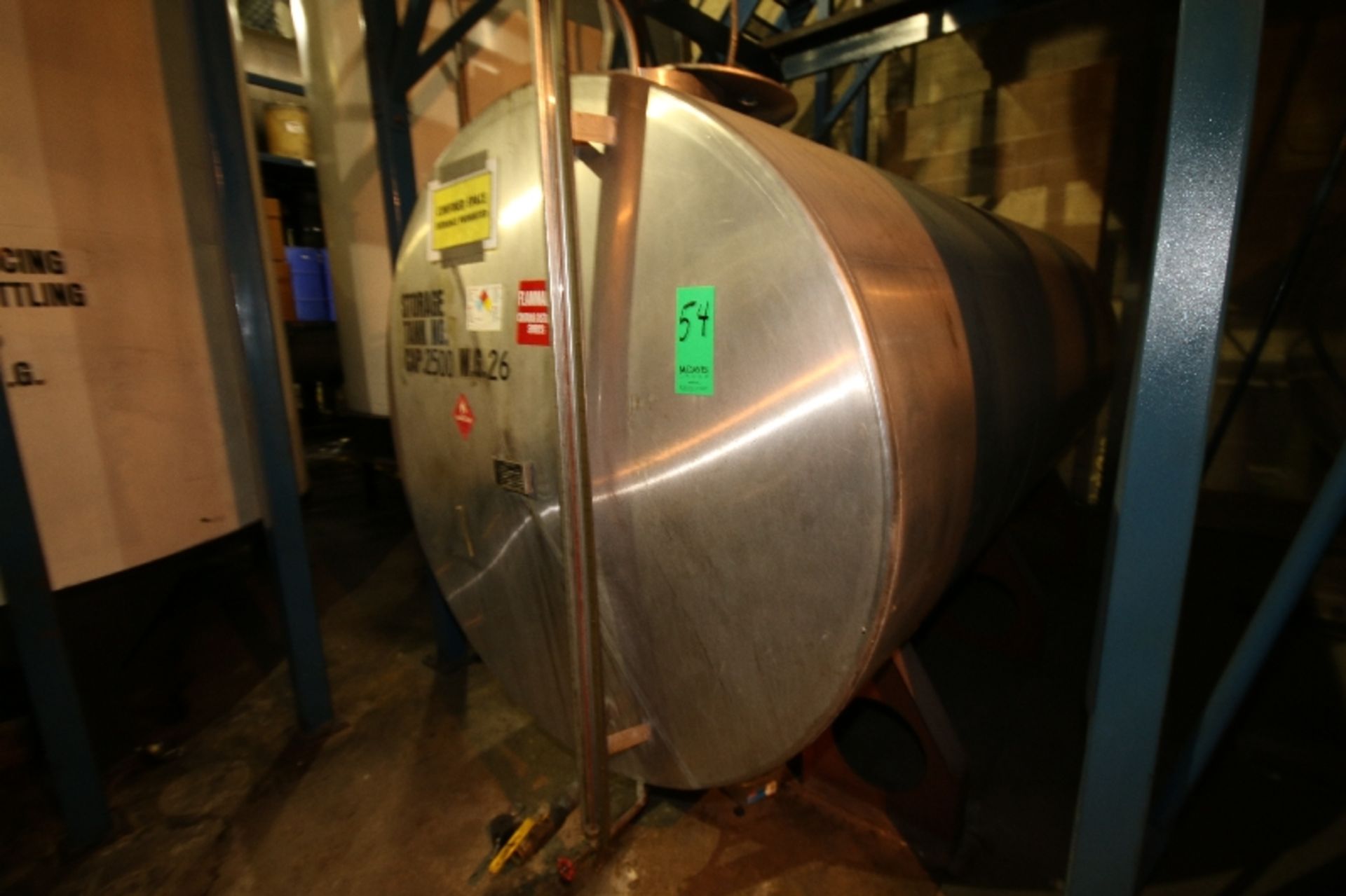 Hicks 2,500 Gal. Horizontal S/S Tank, Single-Wall, S/N 4255, Max. Des. Press ATS @ 70 F, Dims.: