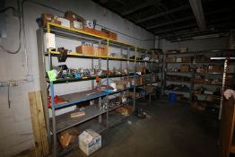 Lot of Assorted Shelving and Contents, Contents Include Sprockets, Cylinders, Motors, Drives,