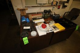 Lot of Assorted Safety Glasses, Sprockets, Casters, Hardware, Welding Irons, and Other Contents