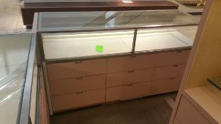 70" x 24” x 40” Mirrored Front Single Level Display Cabinet, Lighting and (9) Pull out Drawers on