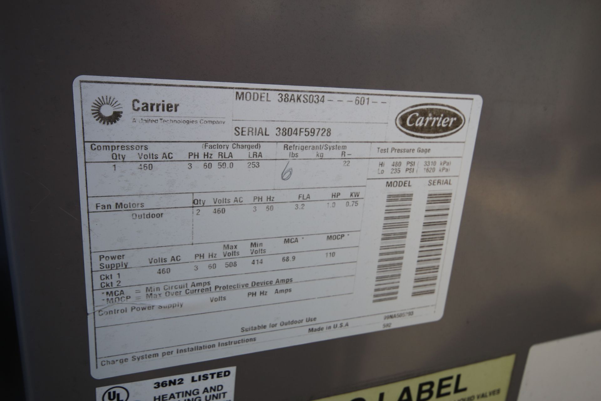 Carrier Air Handler with Chiller, Model 38AKS034601, S/N 3804F59728, 460 V, 3 Phase (Located - Image 2 of 3